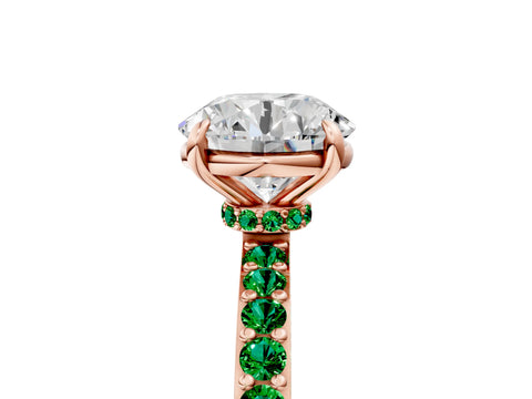 Rose gold Round Cut Diamond Pavé Engagement Ring with Round with Emerald side stone Accents and Prong Setting_5