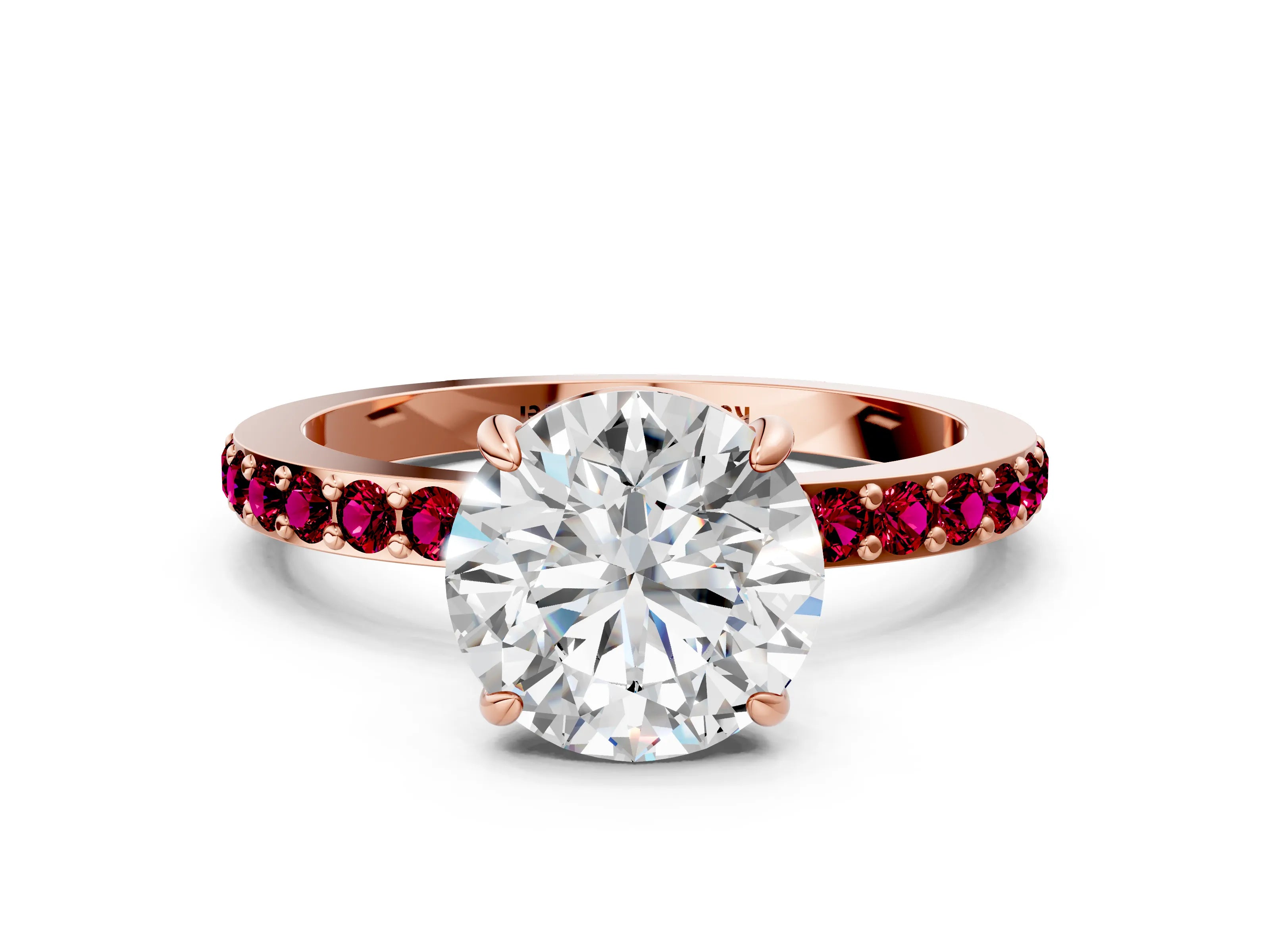 Rose gold Round Cut Diamond Pavé Engagement Ring with Round with Garnet side stone Accents and Prong Setting