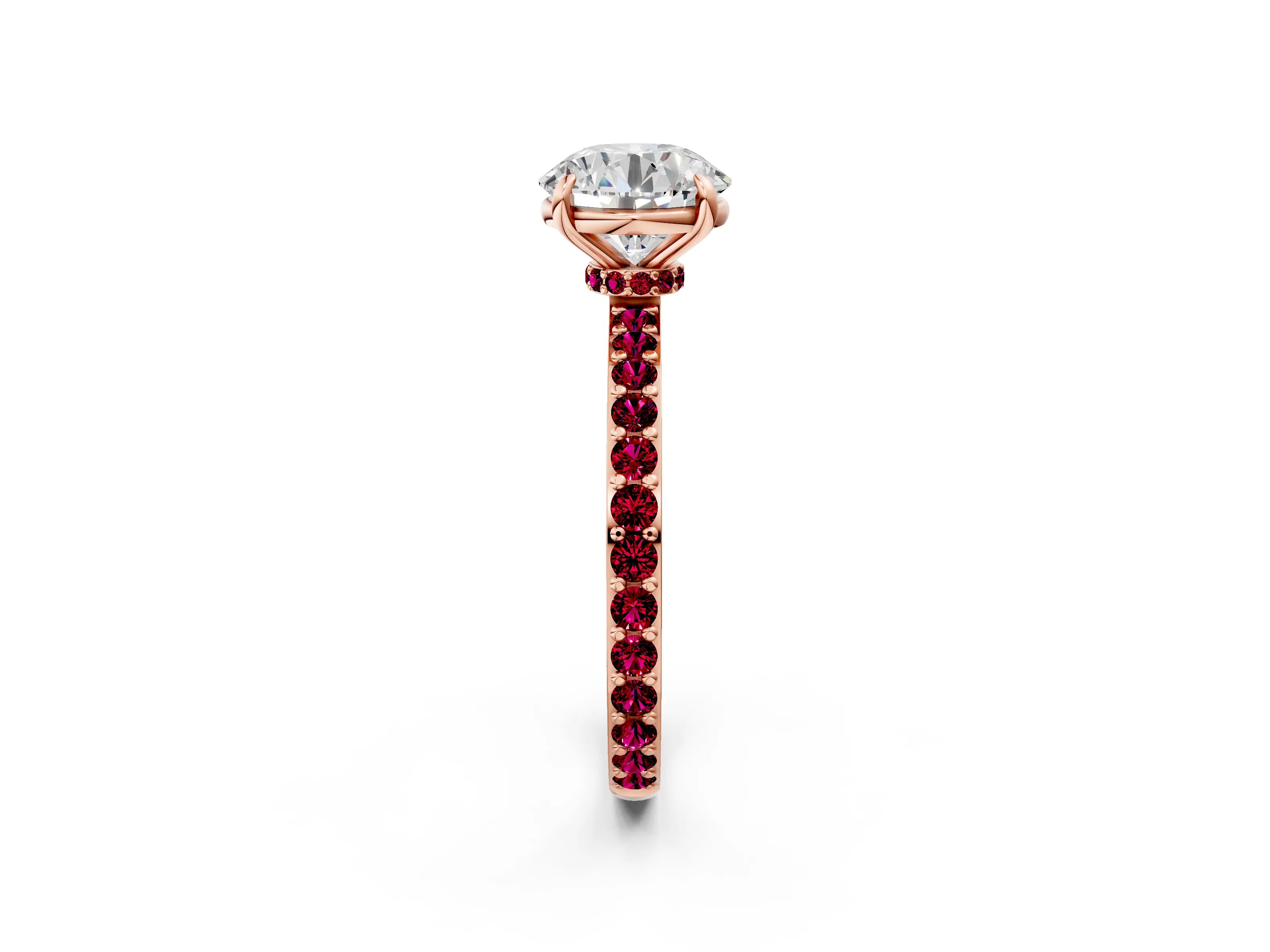 Rose gold Round Cut Diamond Pavé Engagement Ring with Round with Garnet side stone Accents and Prong Setting_2