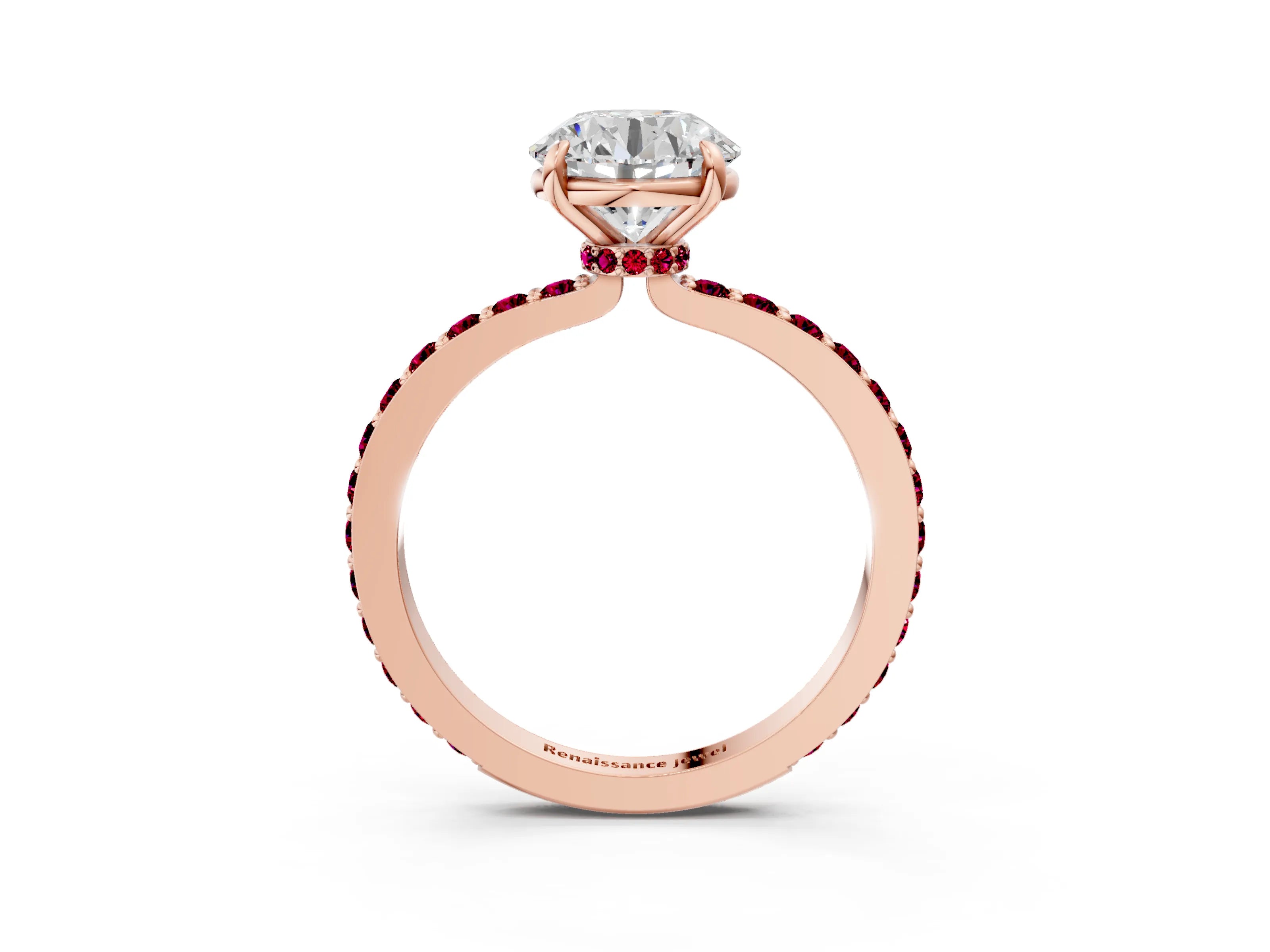 Rose gold Round Cut Diamond Pavé Engagement Ring with Round with Garnet side stone Accents and Prong Setting_3