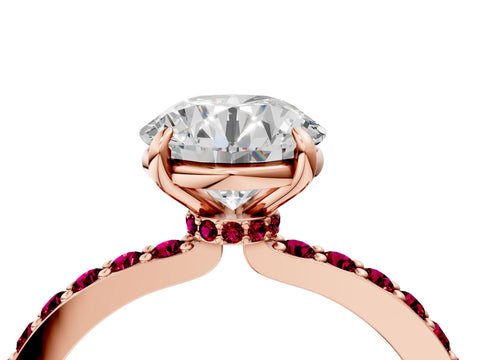 Rose gold Round Cut Diamond Pavé Engagement Ring with Round with Garnet side stone Accents and Prong Setting_4