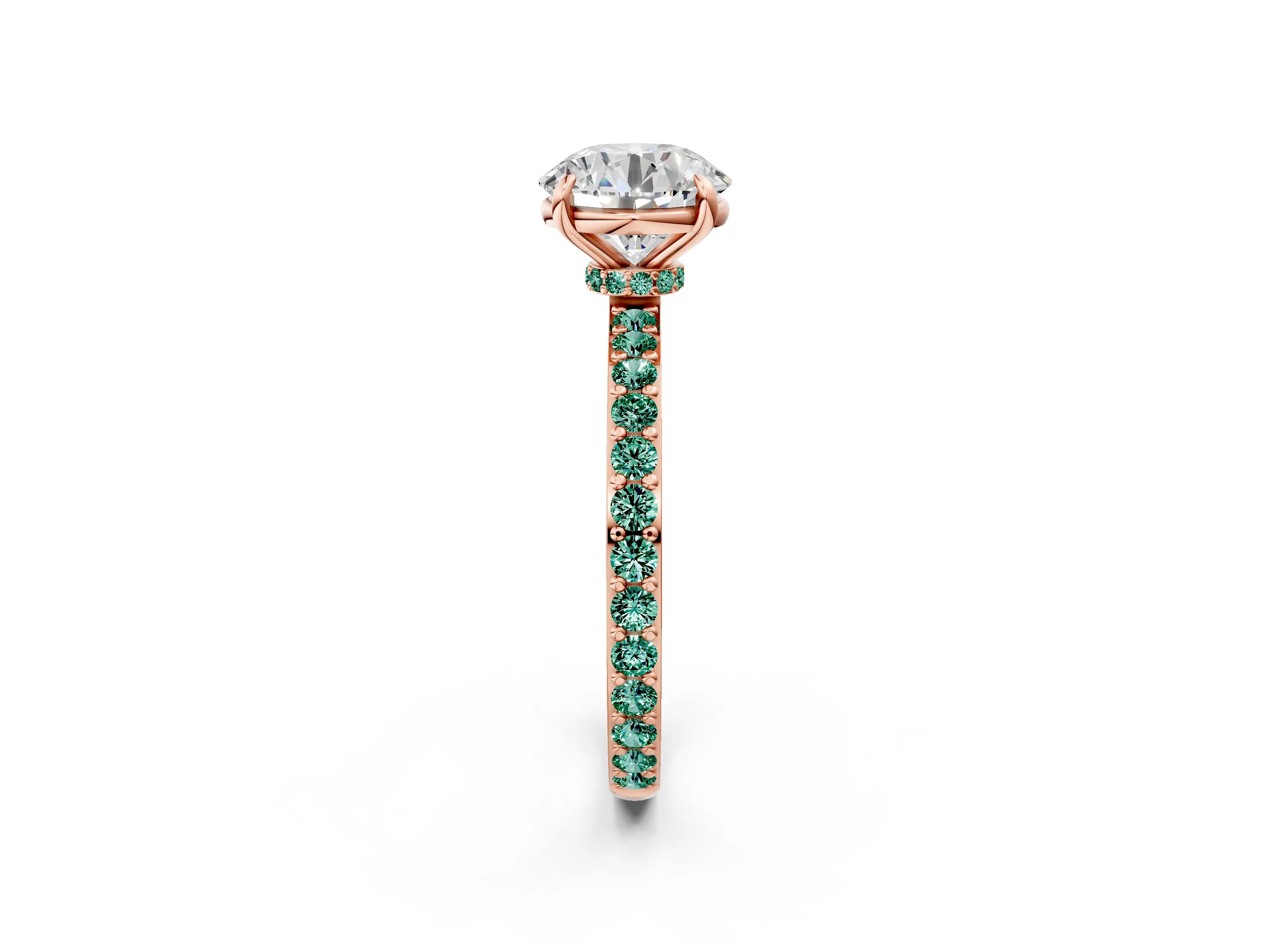 Rose gold Round Cut Diamond Pavé Engagement Ring with Round with Green Sapphire side stone Accents and Prong Setting_2
