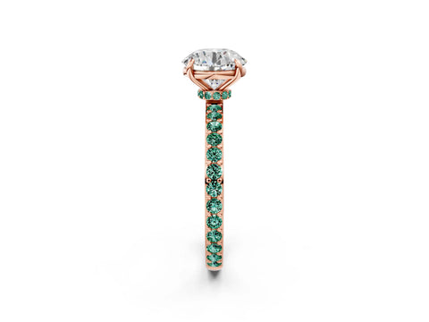 Rose gold Round Cut Diamond Pavé Engagement Ring with Round with Green Sapphire side stone Accents and Prong Setting_2