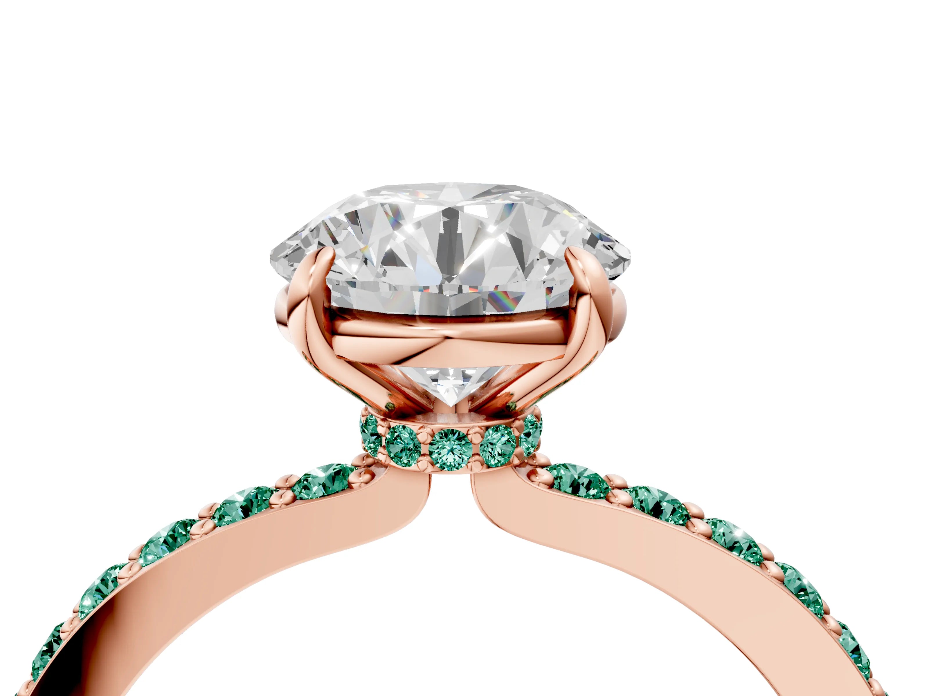 Rose gold Round Cut Diamond Pavé Engagement Ring with Round with Green Sapphire side stone Accents and Prong Setting_4