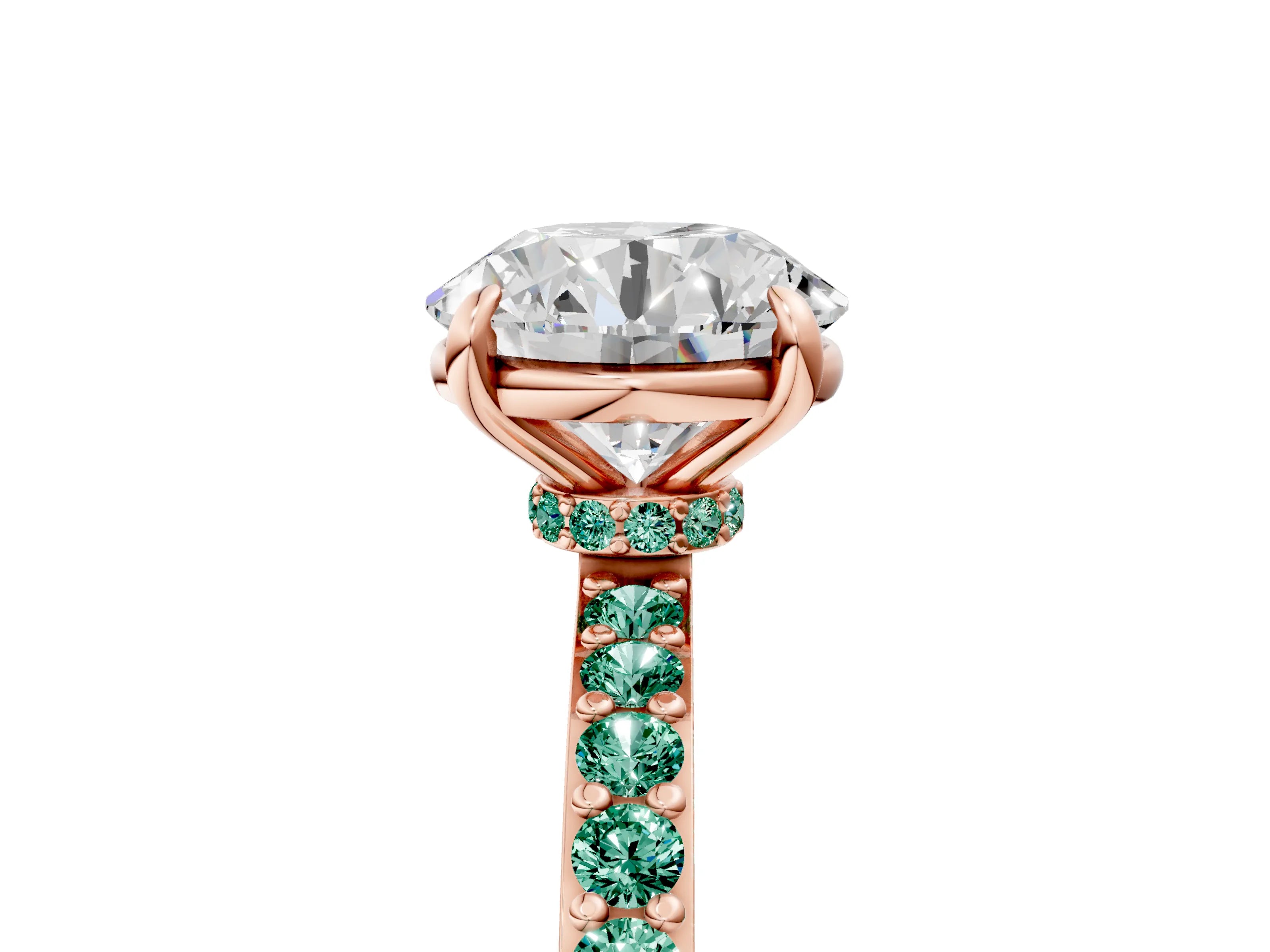 Rose gold Round Cut Diamond Pavé Engagement Ring with Round with Green Sapphire side stone Accents and Prong Setting_5