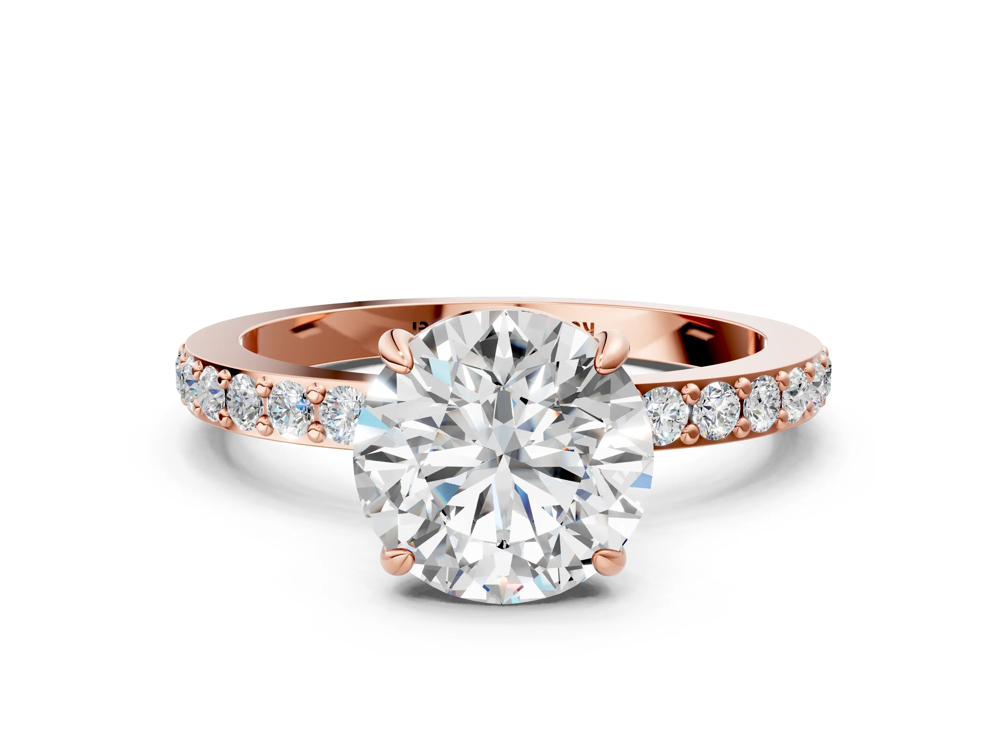 Rose gold Round Cut Diamond Pavé Engagement Ring with Round with Moissanite side stone Accents and Prong Setting