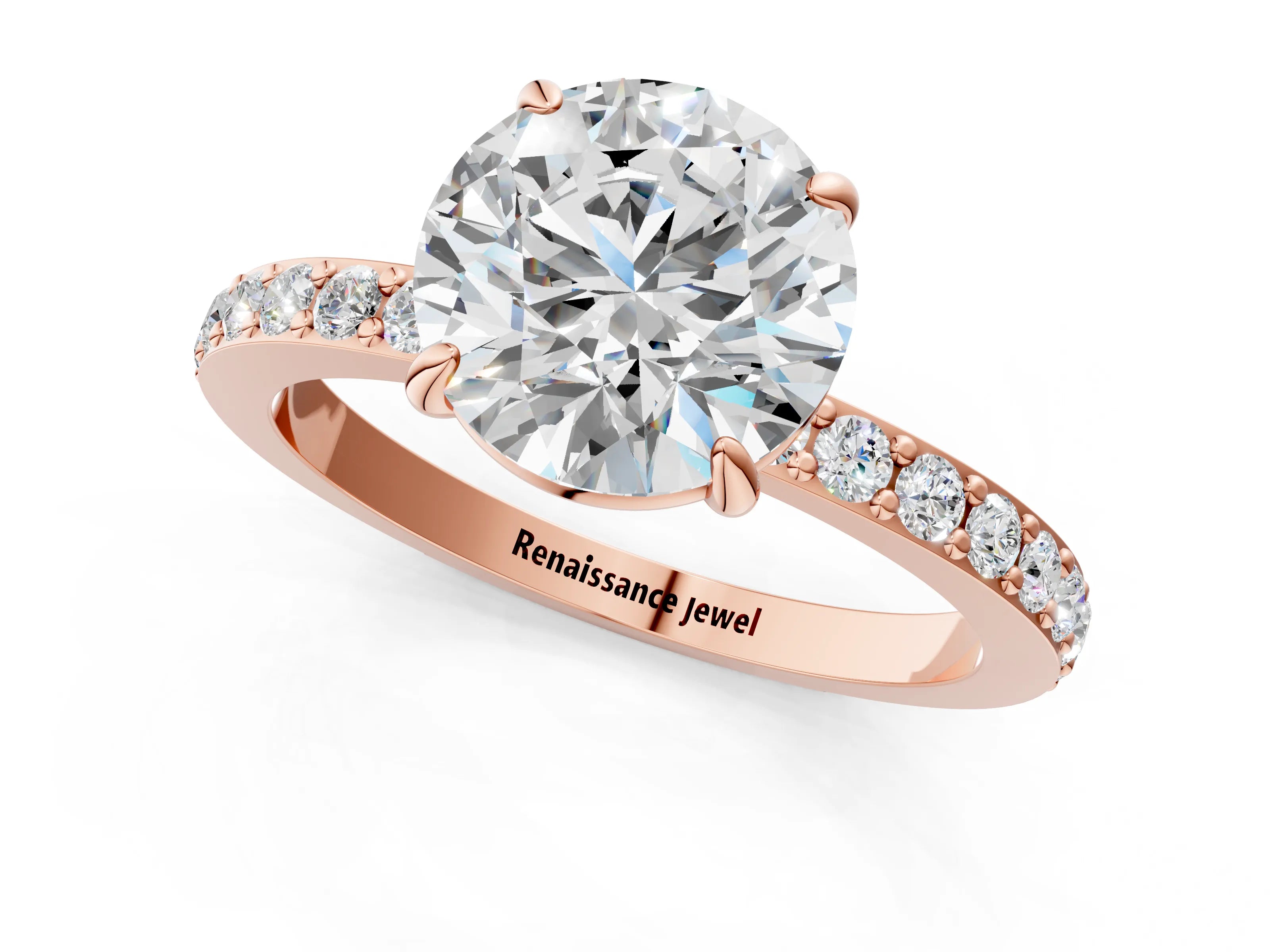 Rose gold Round Cut Diamond Pavé Engagement Ring with Round with Moissanite side stone Accents and Prong Setting_1