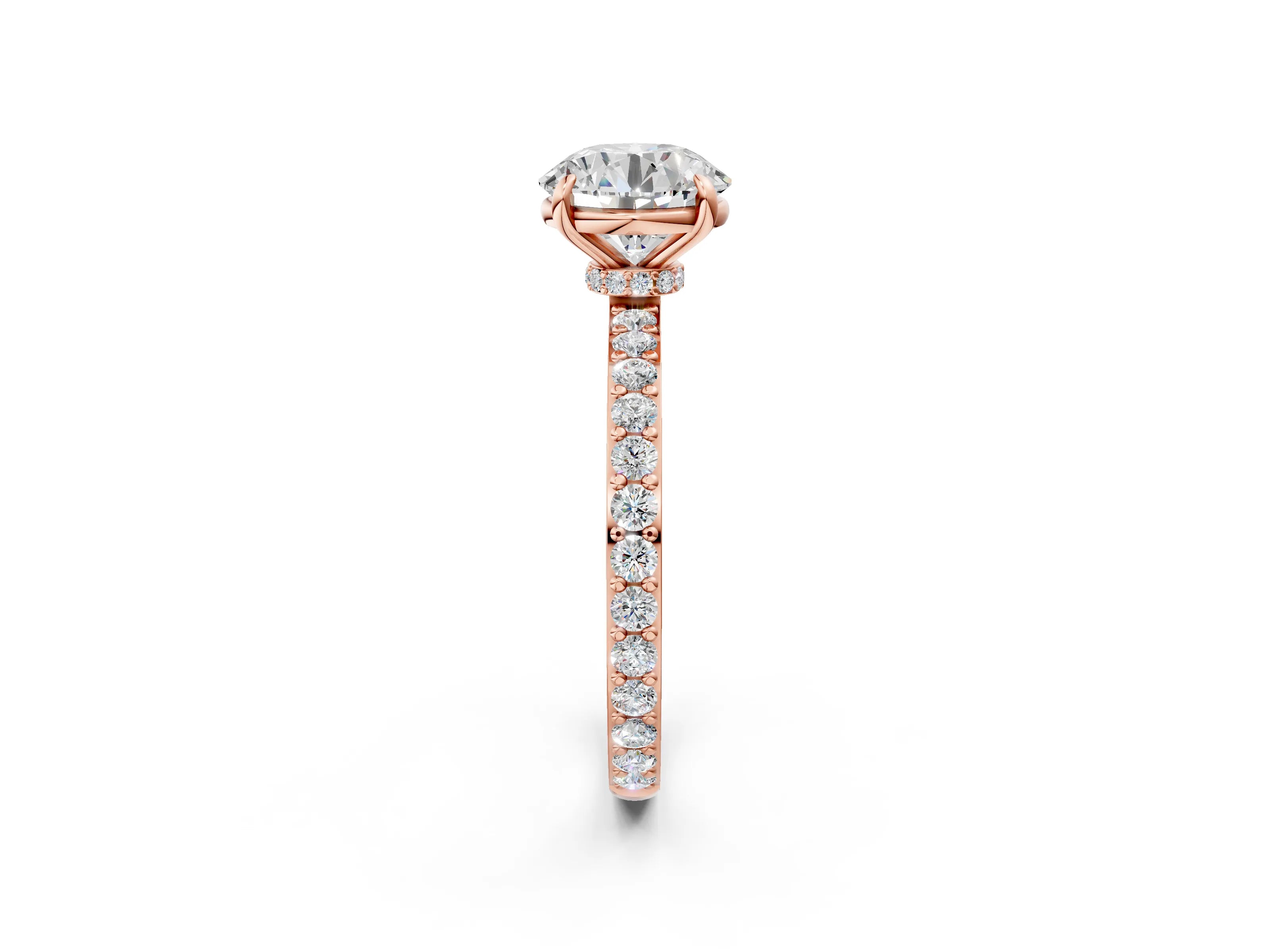 Rose gold Round Cut Diamond Pavé Engagement Ring with Round with Moissanite side stone Accents and Prong Setting_2
