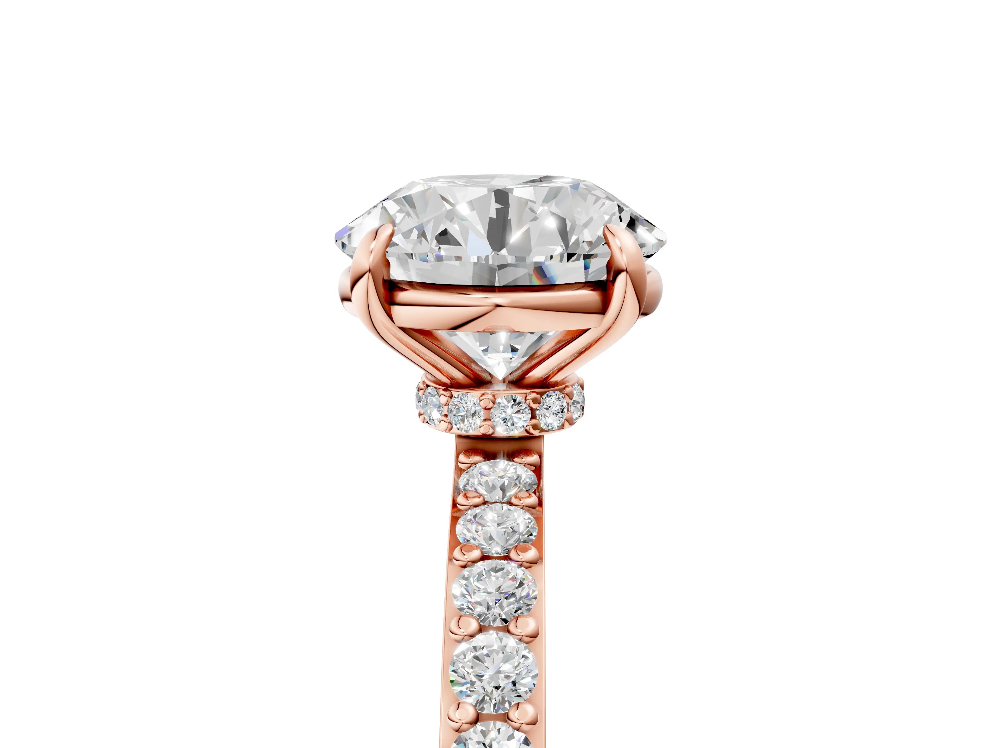 Rose gold Round Cut Diamond Pavé Engagement Ring with Round with Moissanite side stone Accents and Prong Setting_5