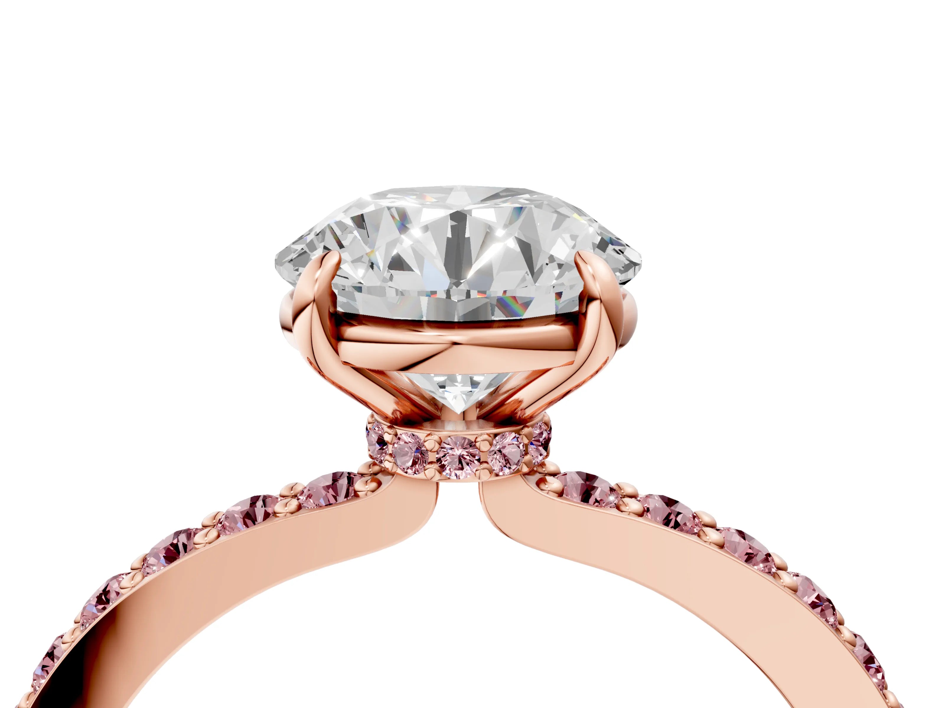 Rose gold Round Cut Diamond Pavé Engagement Ring with Round with Morganite side stone Accents and Prong Setting_10
