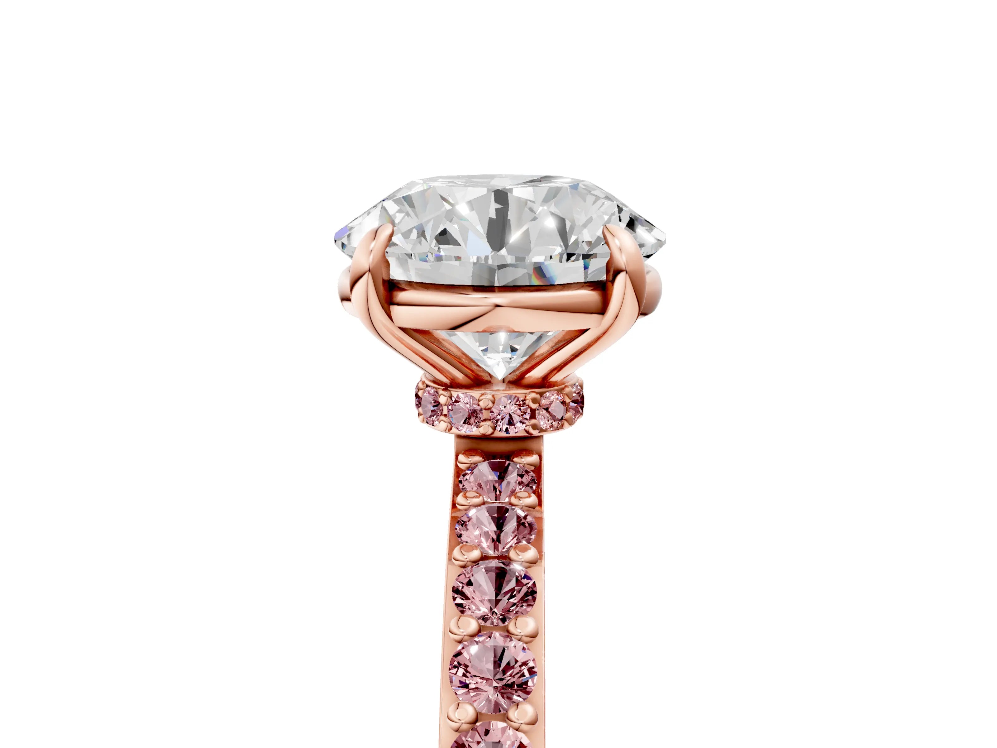 Rose gold Round Cut Diamond Pavé Engagement Ring with Round with Morganite side stone Accents and Prong Setting_11