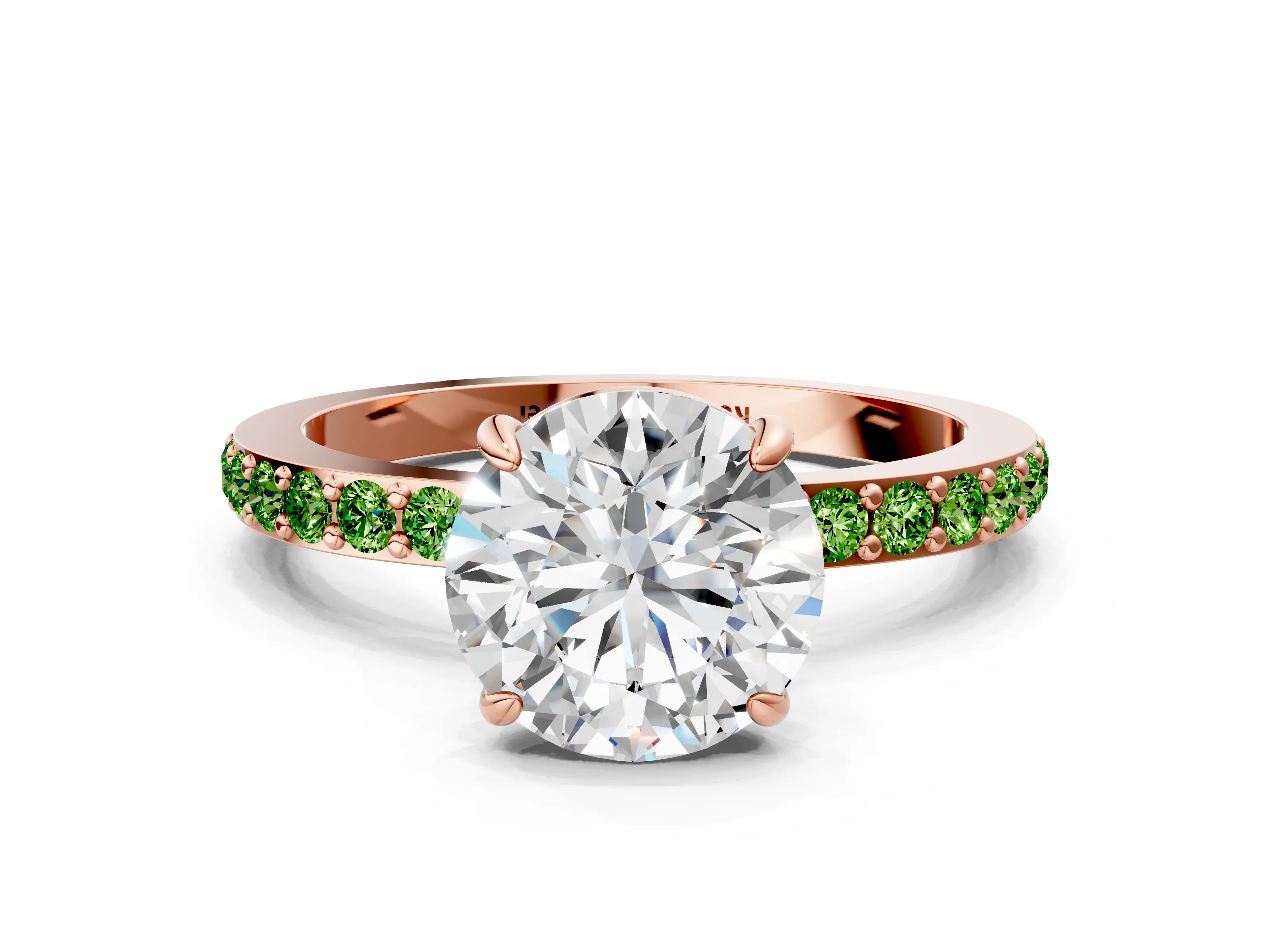 Rose gold Round Cut Diamond Pavé Engagement Ring with Round with Peridot side stone Accents and Prong Setting