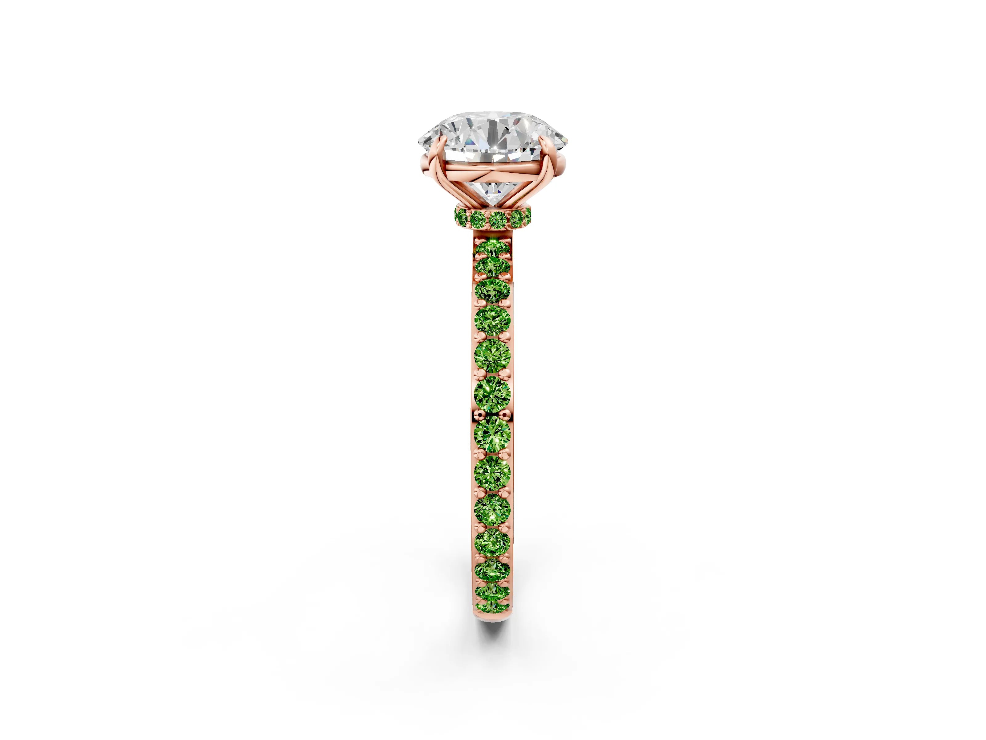 Rose gold Round Cut Diamond Pavé Engagement Ring with Round with Peridot side stone Accents and Prong Setting_2