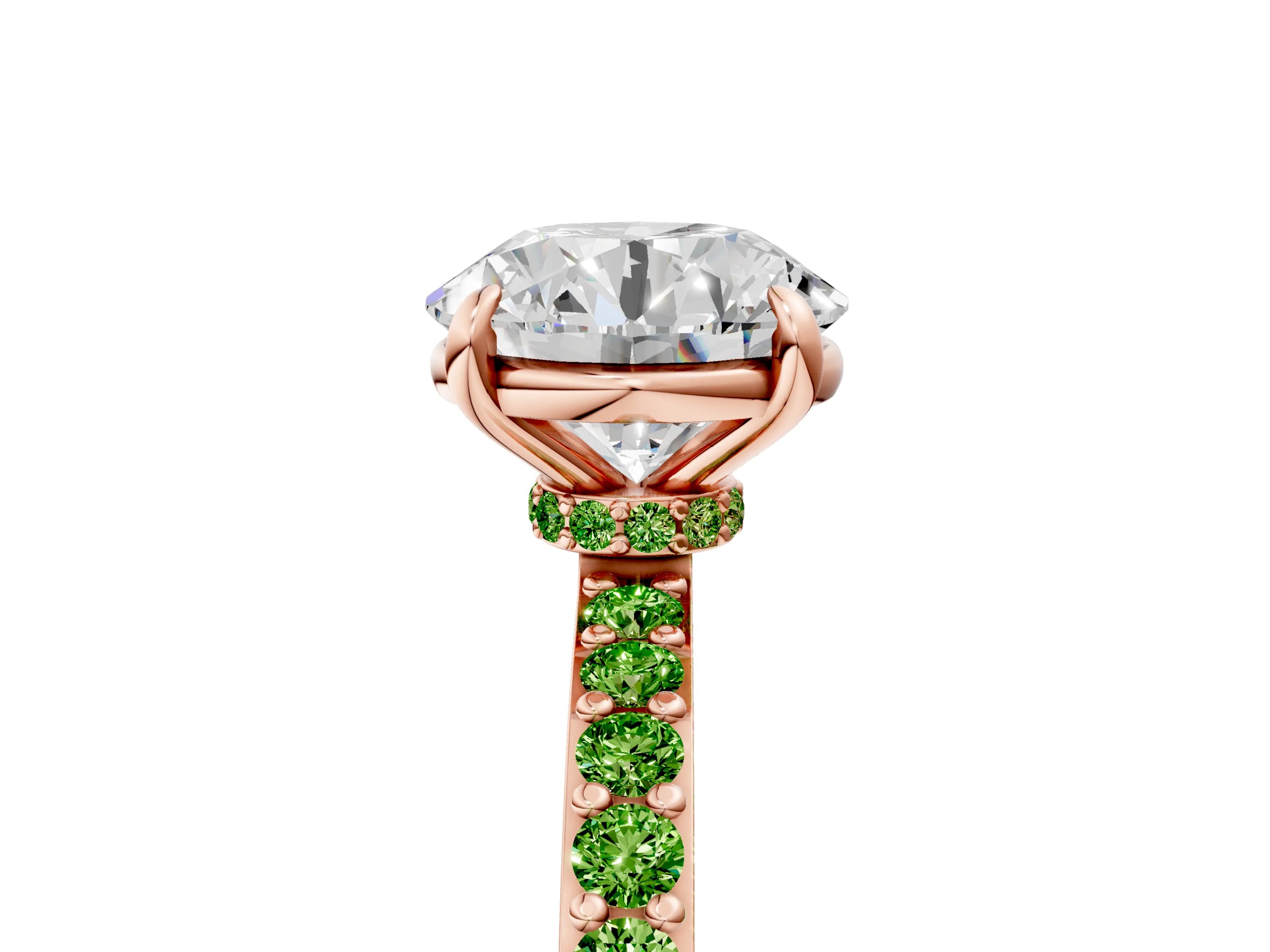 Rose gold Round Cut Diamond Pavé Engagement Ring with Round with Peridot side stone Accents and Prong Setting_5