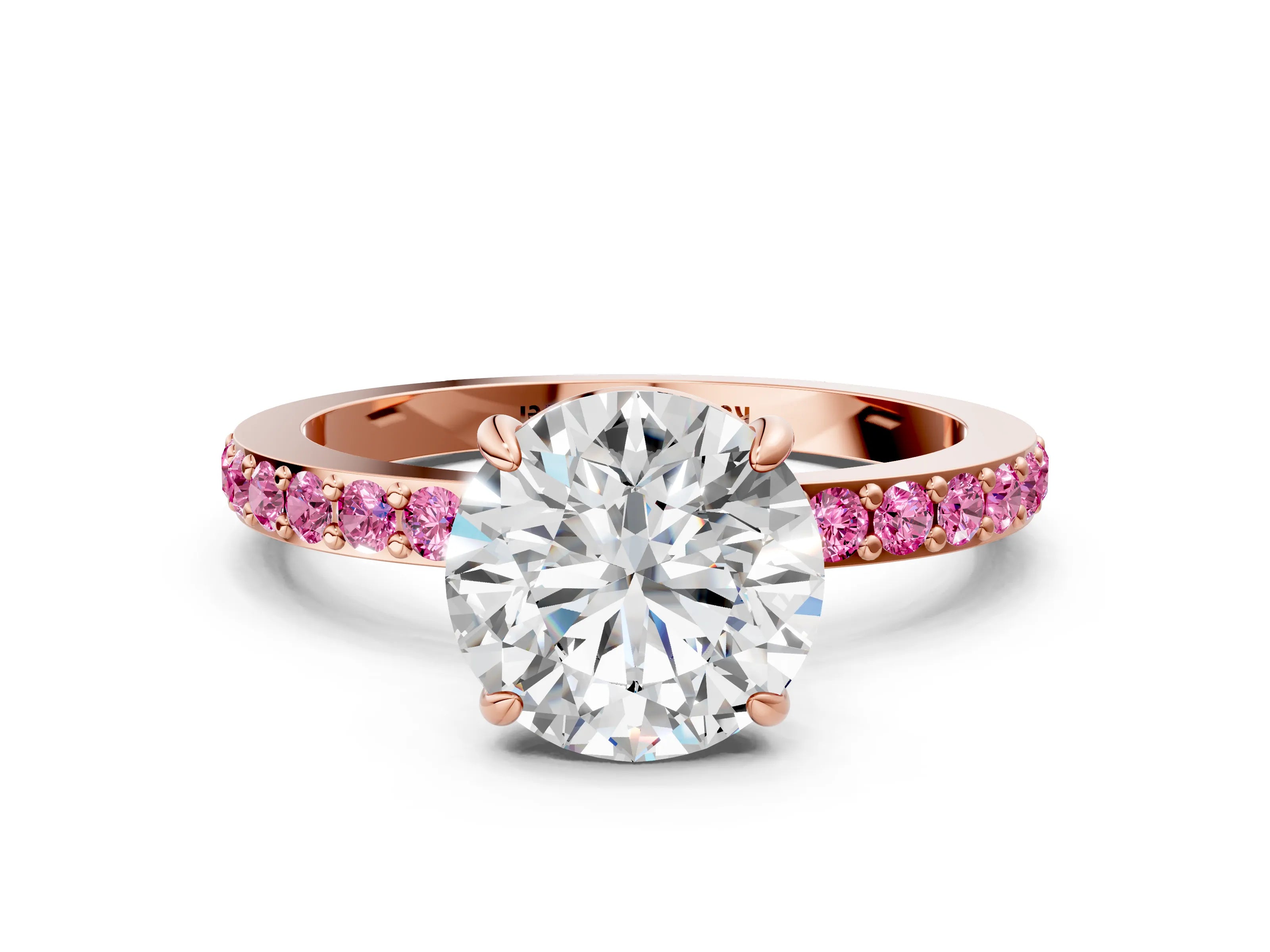 Rose gold Round Cut Diamond Pavé Engagement Ring with Round with Pink Sapphire side stone Accents and Prong Setting