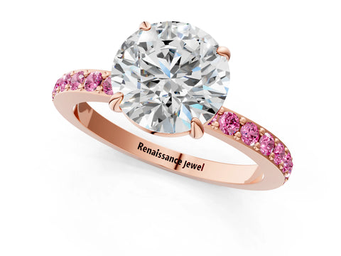 Rose gold Round Cut Diamond Pavé Engagement Ring with Round with Pink Sapphire side stone Accents and Prong Setting_1