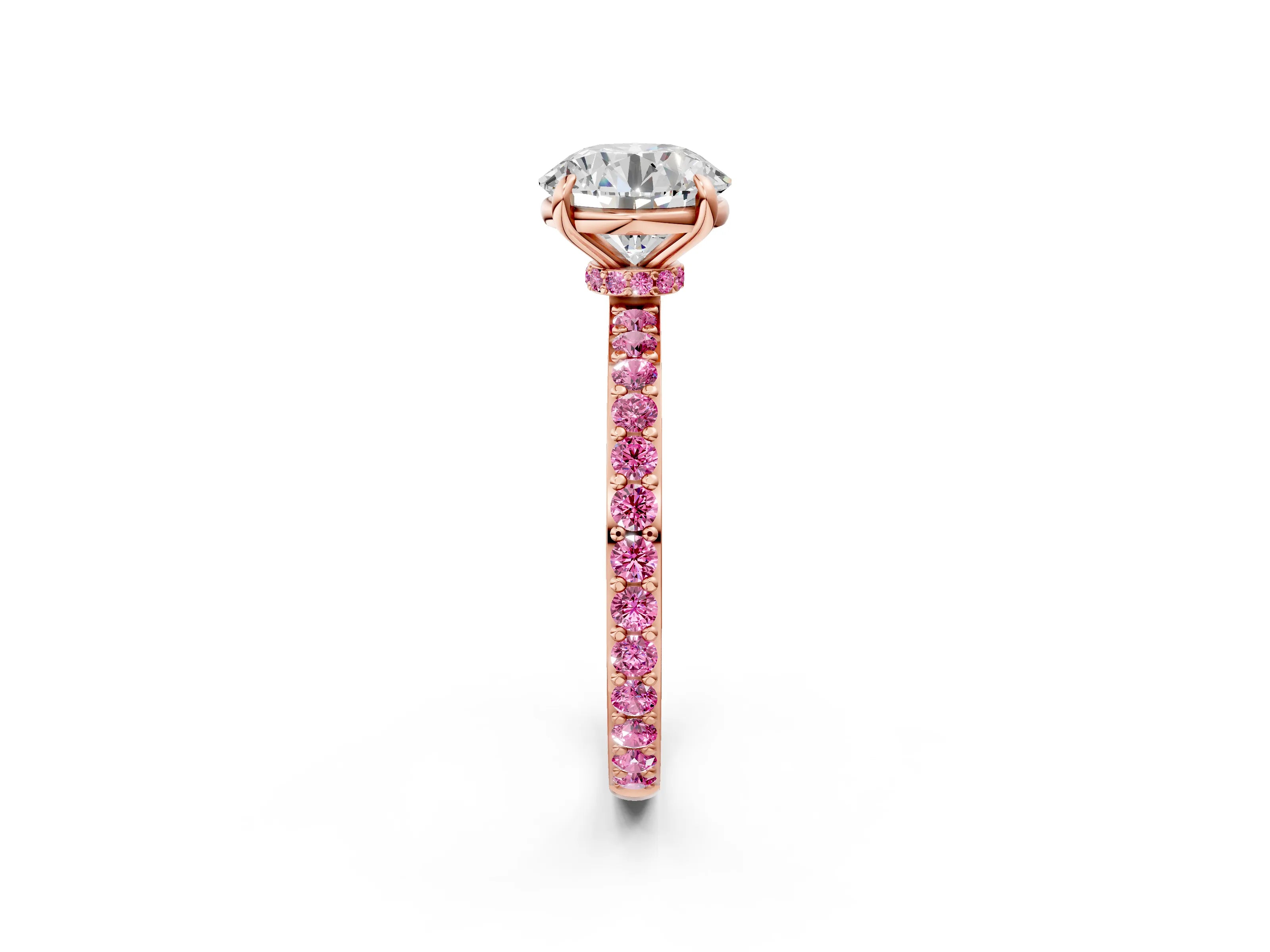 Rose gold Round Cut Diamond Pavé Engagement Ring with Round with Pink Sapphire side stone Accents and Prong Setting_2