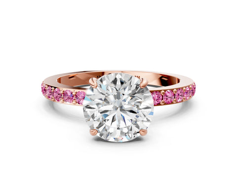 Rose gold Round Cut Diamond Pavé Engagement Ring with Round with Pink Sapphire side stone Accents and Prong Setting