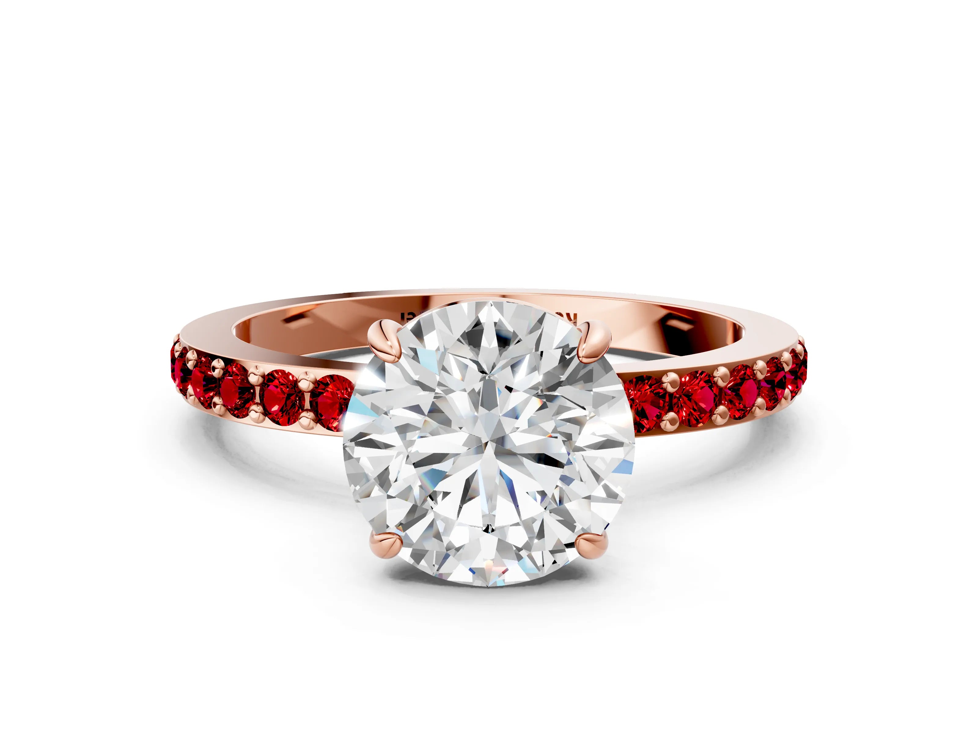 Rose gold Round Cut Diamond Pavé Engagement Ring with Round with Ruby side stone Accents and Prong Setting