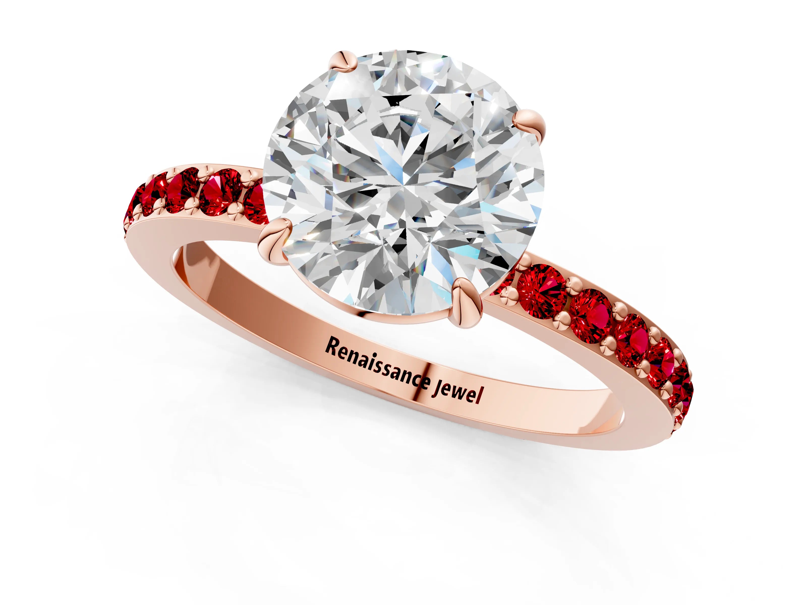 Rose gold Round Cut Diamond Pavé Engagement Ring with Round with Ruby side stone Accents and Prong Setting_1