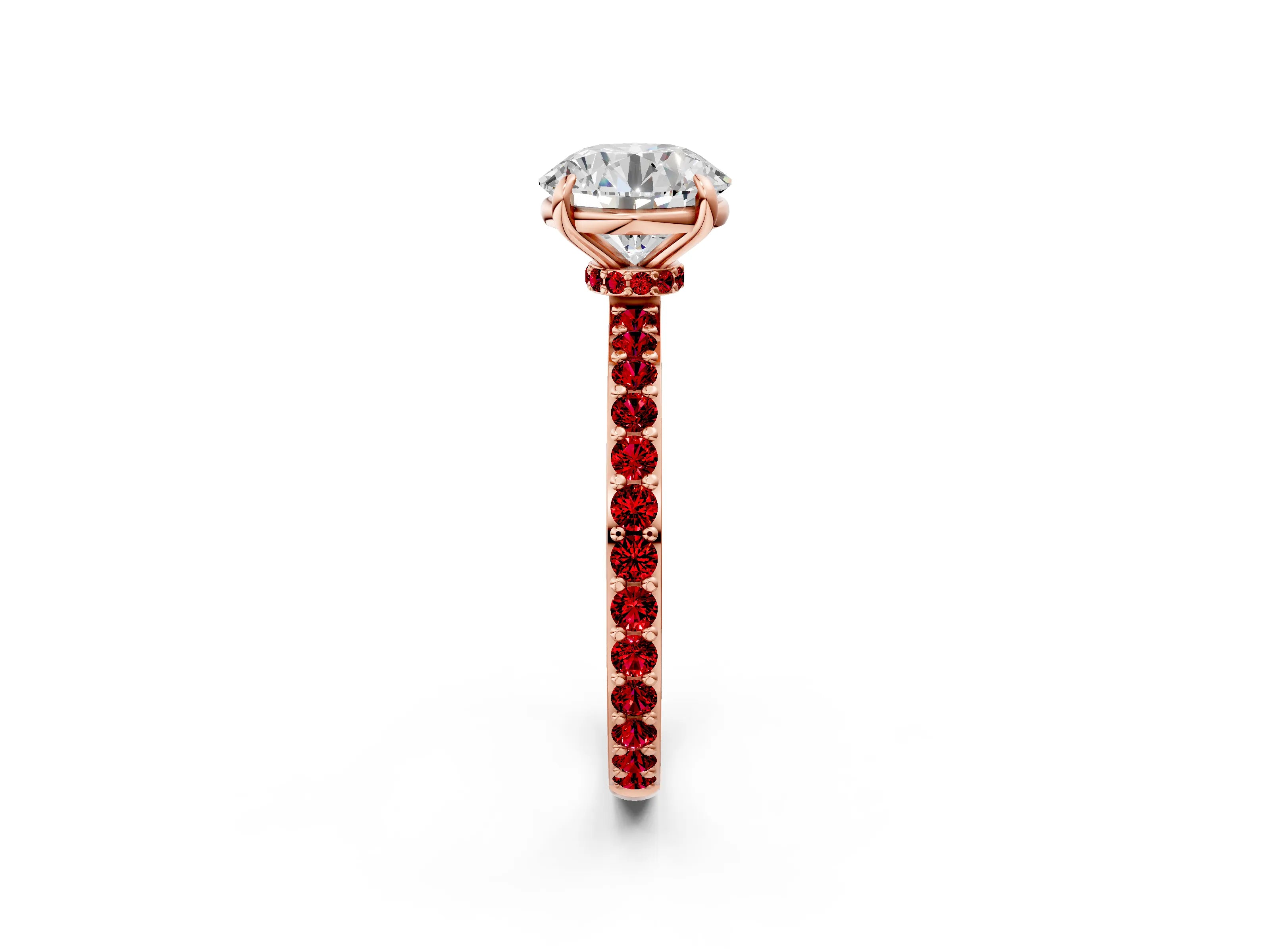 Rose gold Round Cut Diamond Pavé Engagement Ring with Round with Ruby side stone Accents and Prong Setting_2