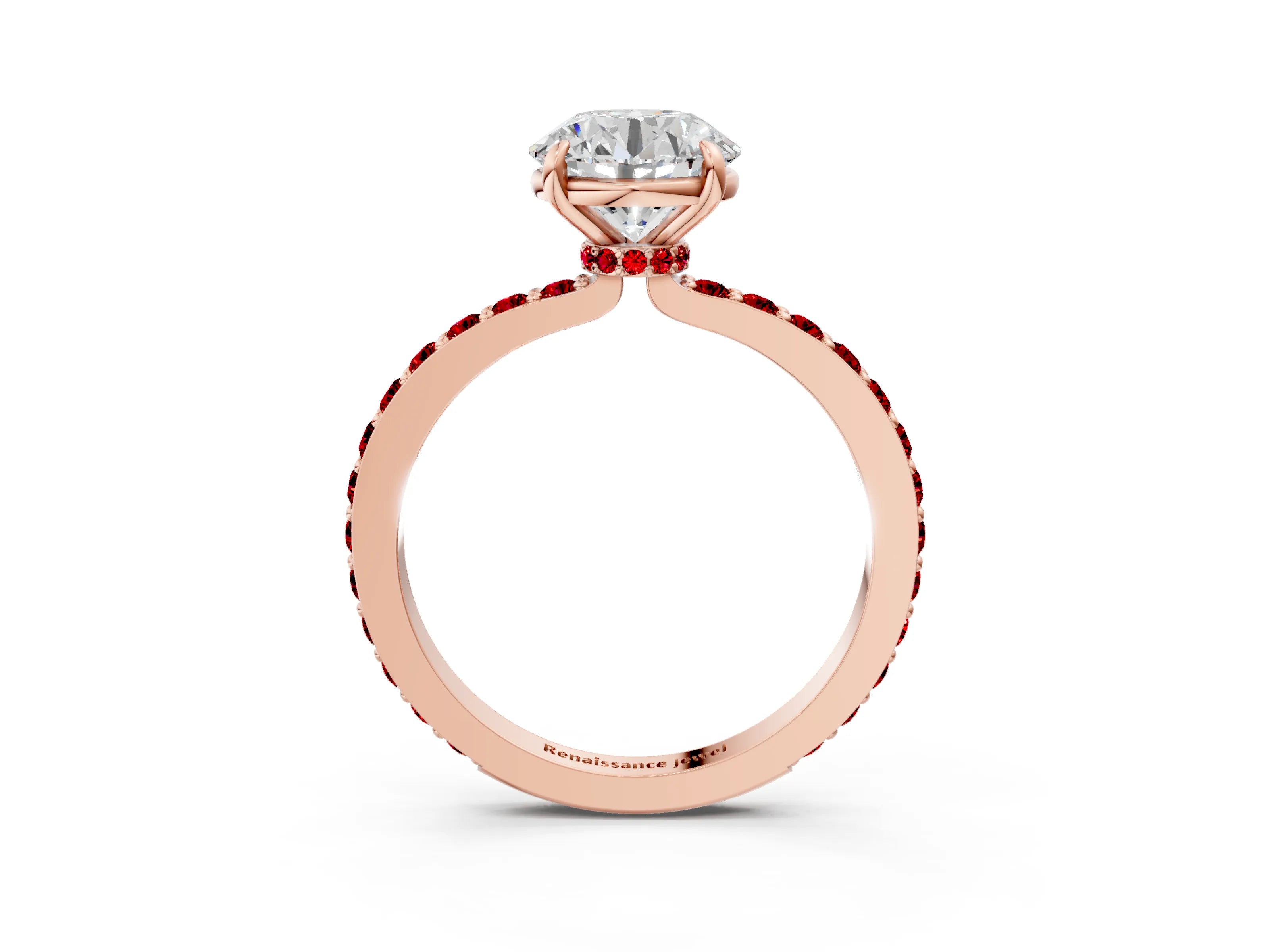 Rose gold Round Cut Diamond Pavé Engagement Ring with Round with Ruby side stone Accents and Prong Setting_3