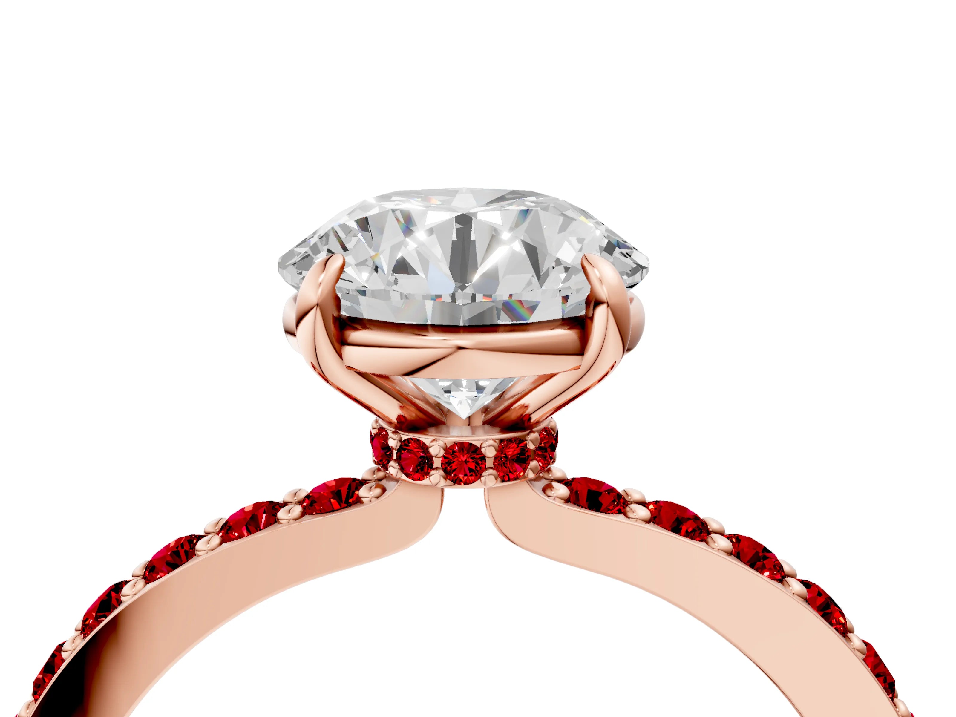 Rose gold Round Cut Diamond Pavé Engagement Ring with Round with Ruby side stone Accents and Prong Setting_4