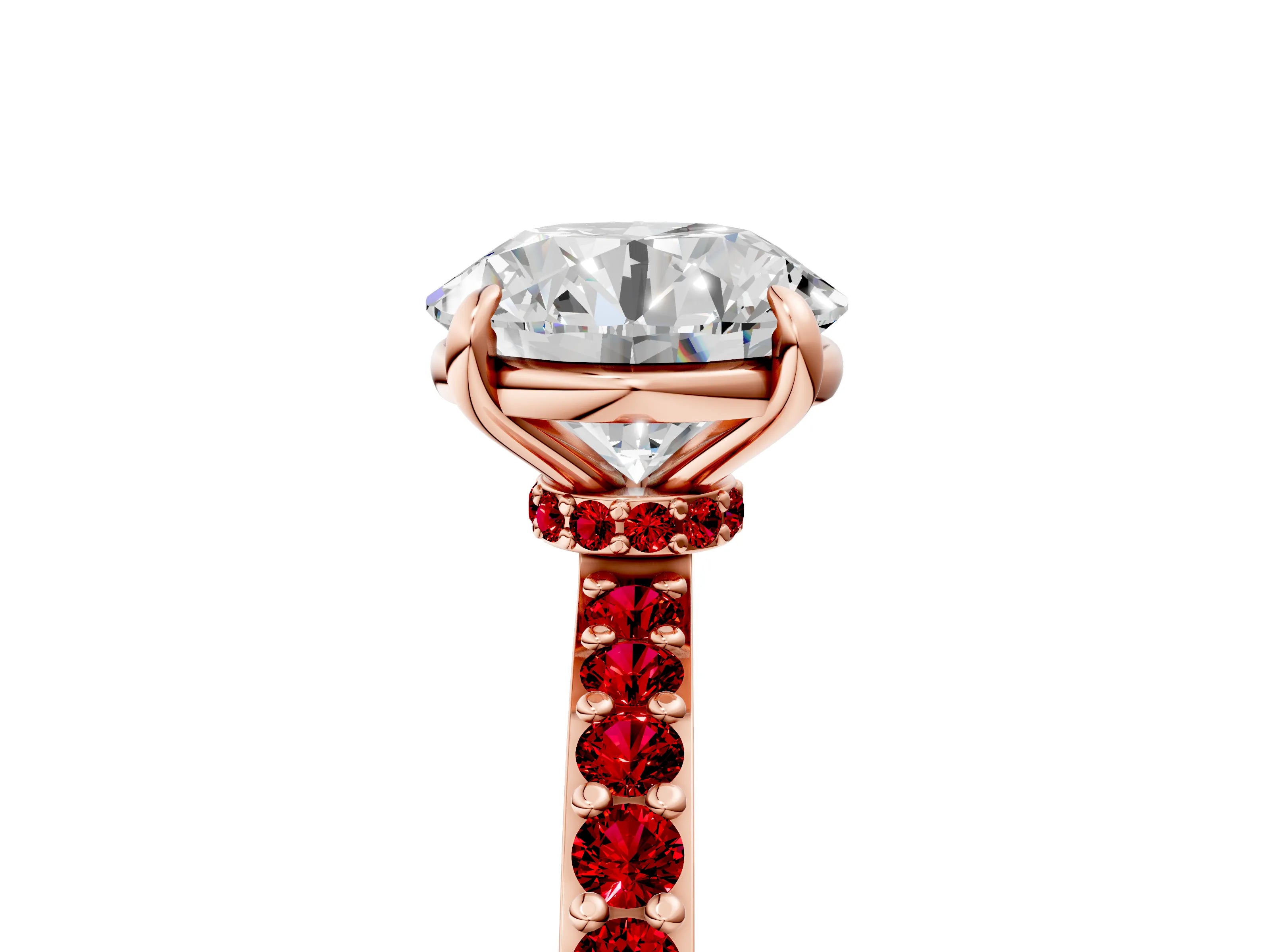 Rose gold Round Cut Diamond Pavé Engagement Ring with Round with Ruby side stone Accents and Prong Setting_5