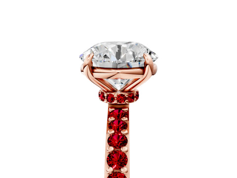 Rose gold Round Cut Diamond Pavé Engagement Ring with Round with Ruby side stone Accents and Prong Setting_5