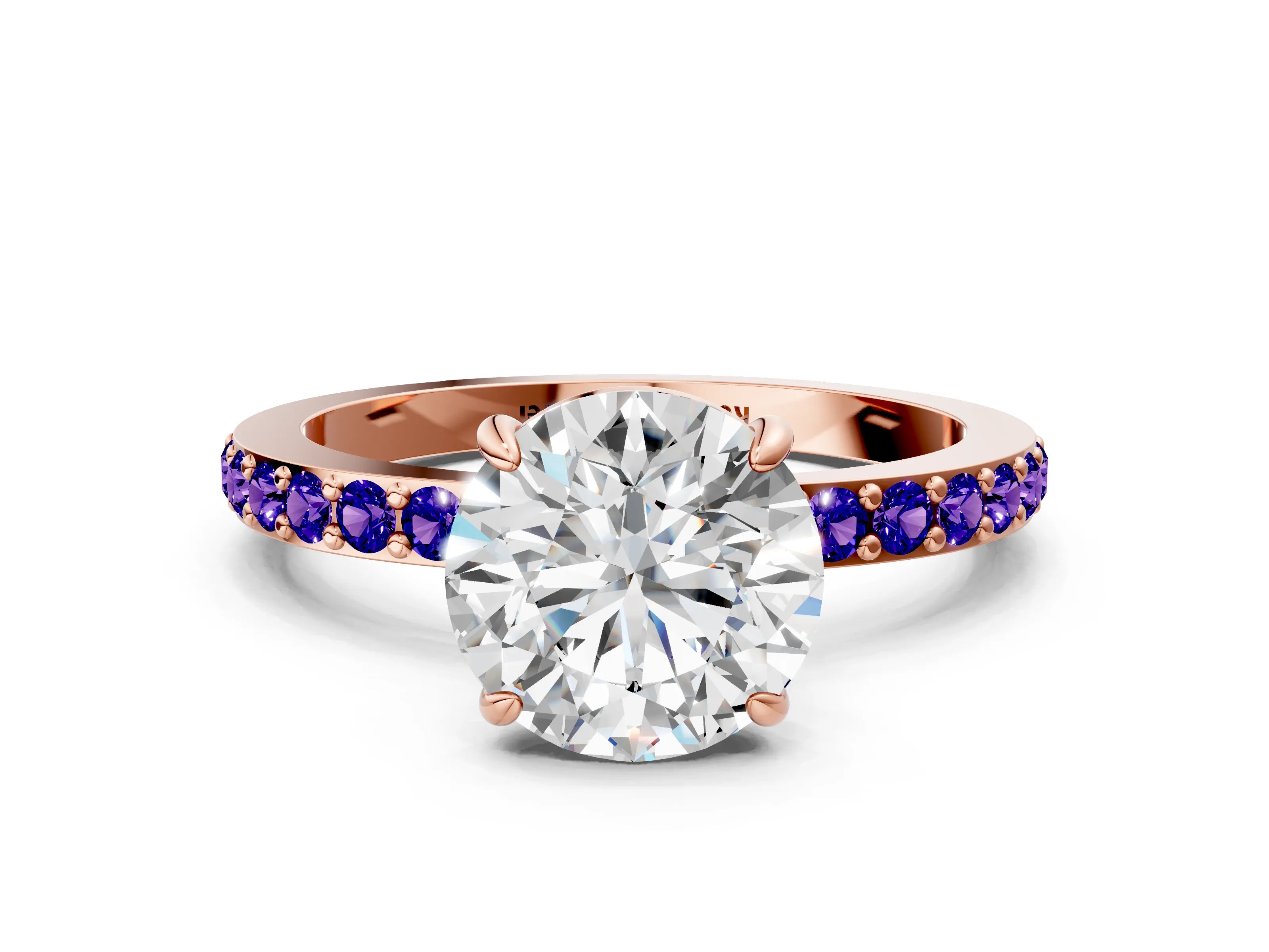 Rose gold Round Cut Diamond Pavé Engagement Ring with Round with Tanzanite side stone Accents and Prong Setting