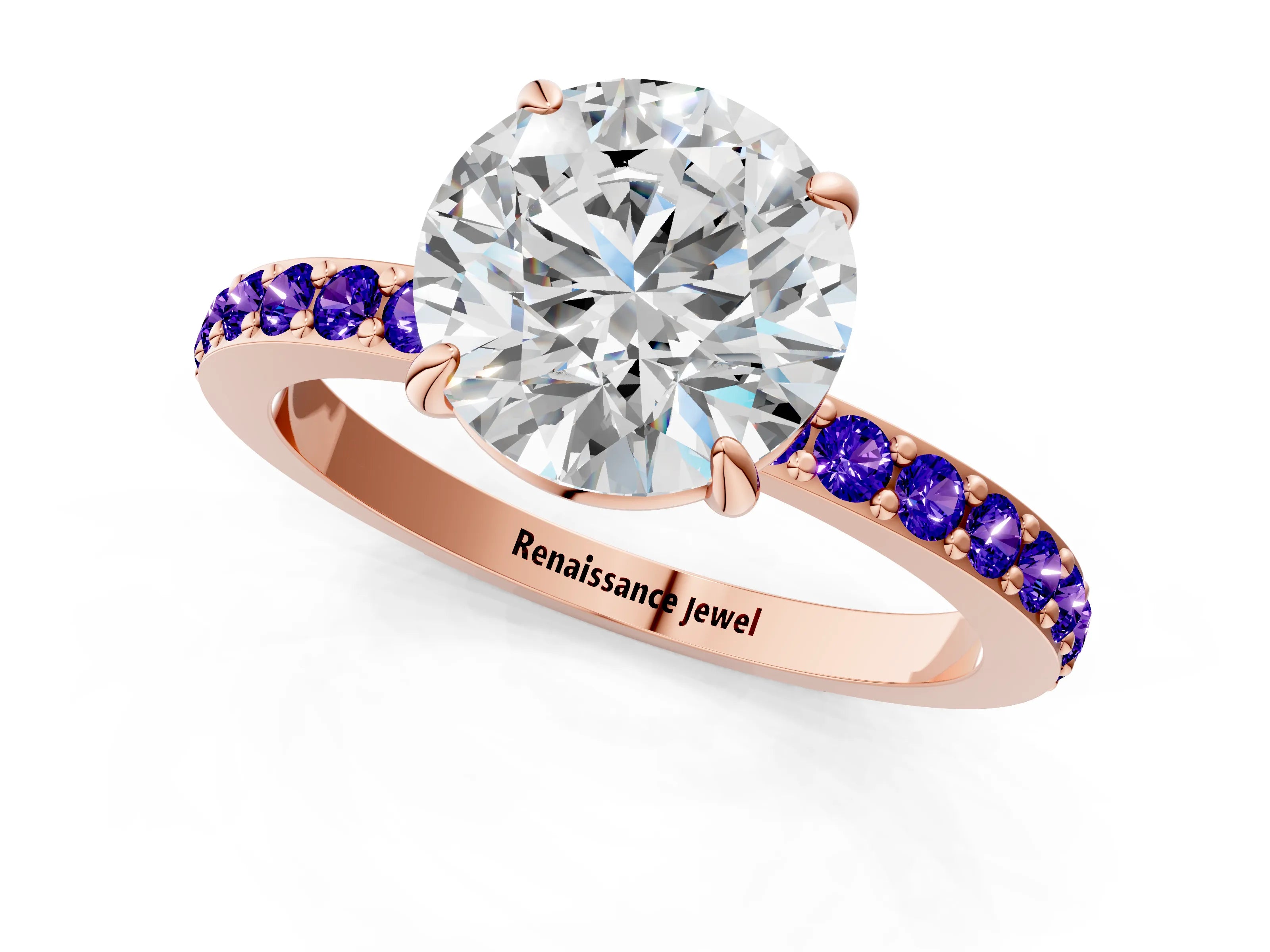 Rose gold Round Cut Diamond Pavé Engagement Ring with Round with Tanzanite side stone Accents and Prong Setting_1
