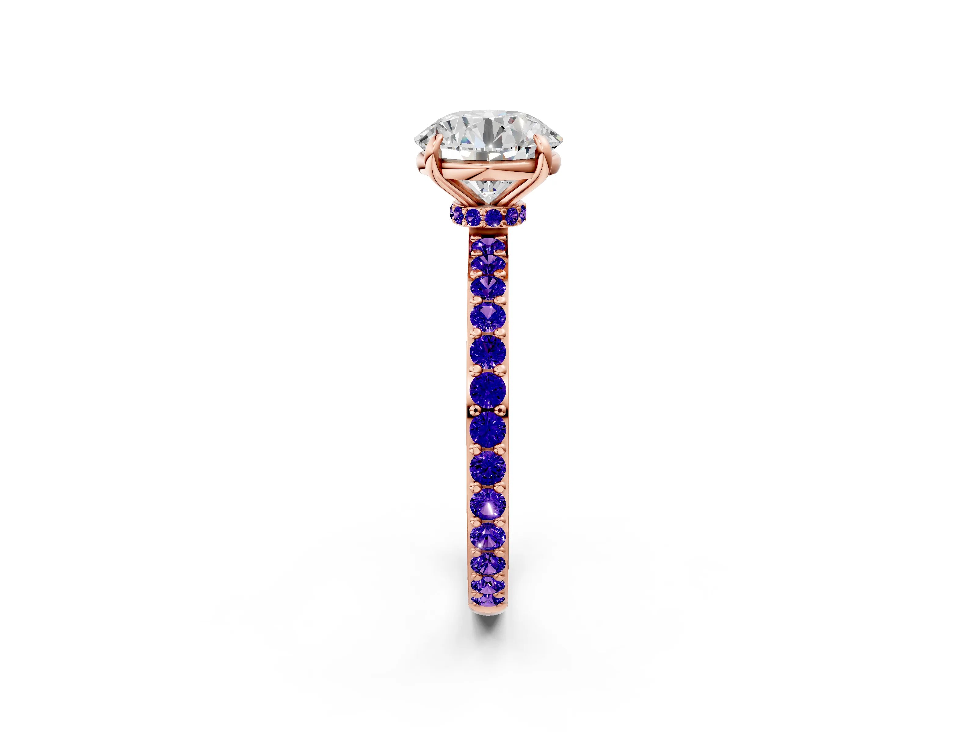 Rose gold Round Cut Diamond Pavé Engagement Ring with Round with Tanzanite side stone Accents and Prong Setting_2