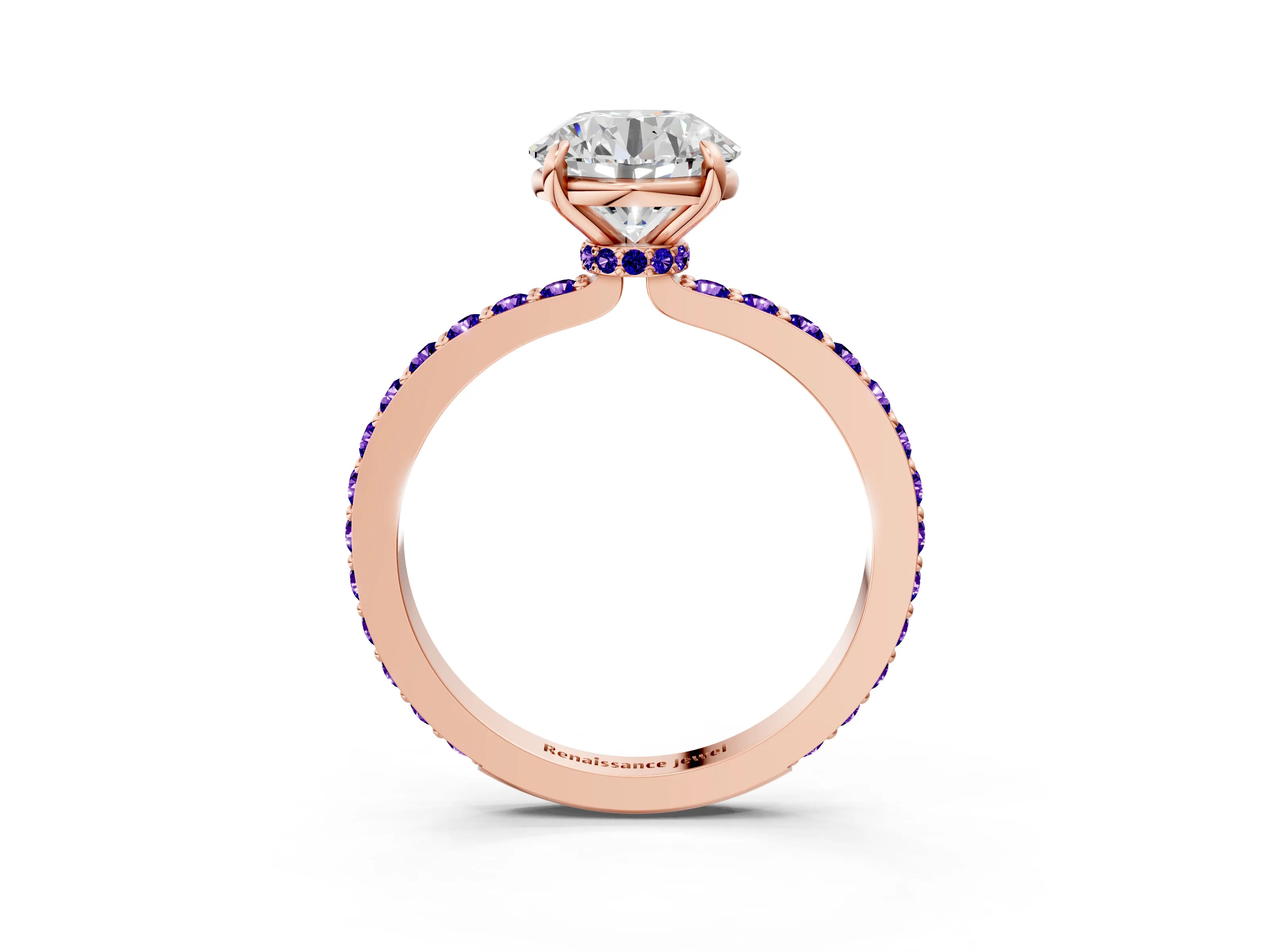 Rose gold Round Cut Diamond Pavé Engagement Ring with Round with Tanzanite side stone Accents and Prong Setting_3
