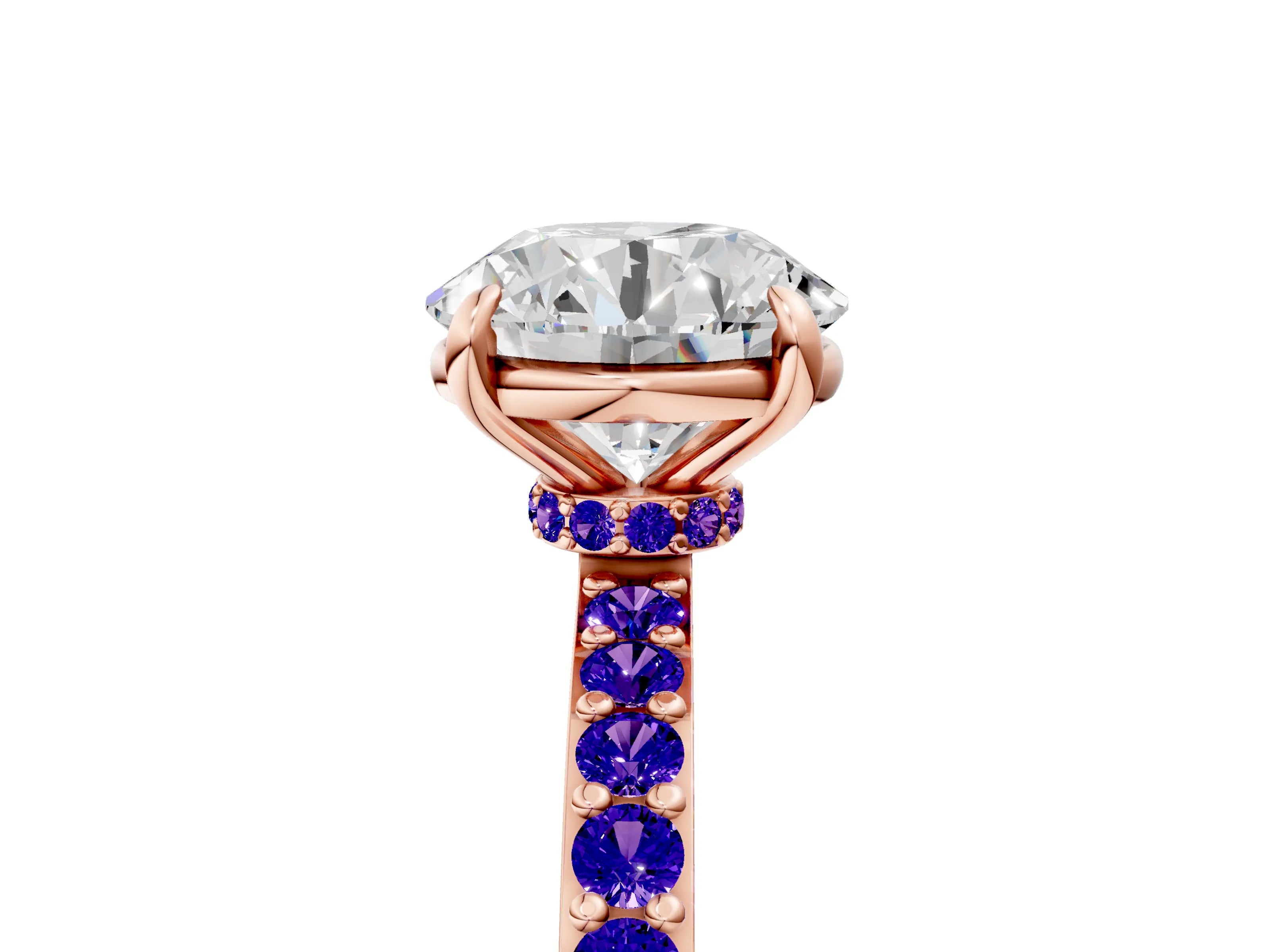 Rose gold Round Cut Diamond Pavé Engagement Ring with Round with Tanzanite side stone Accents and Prong Setting_5