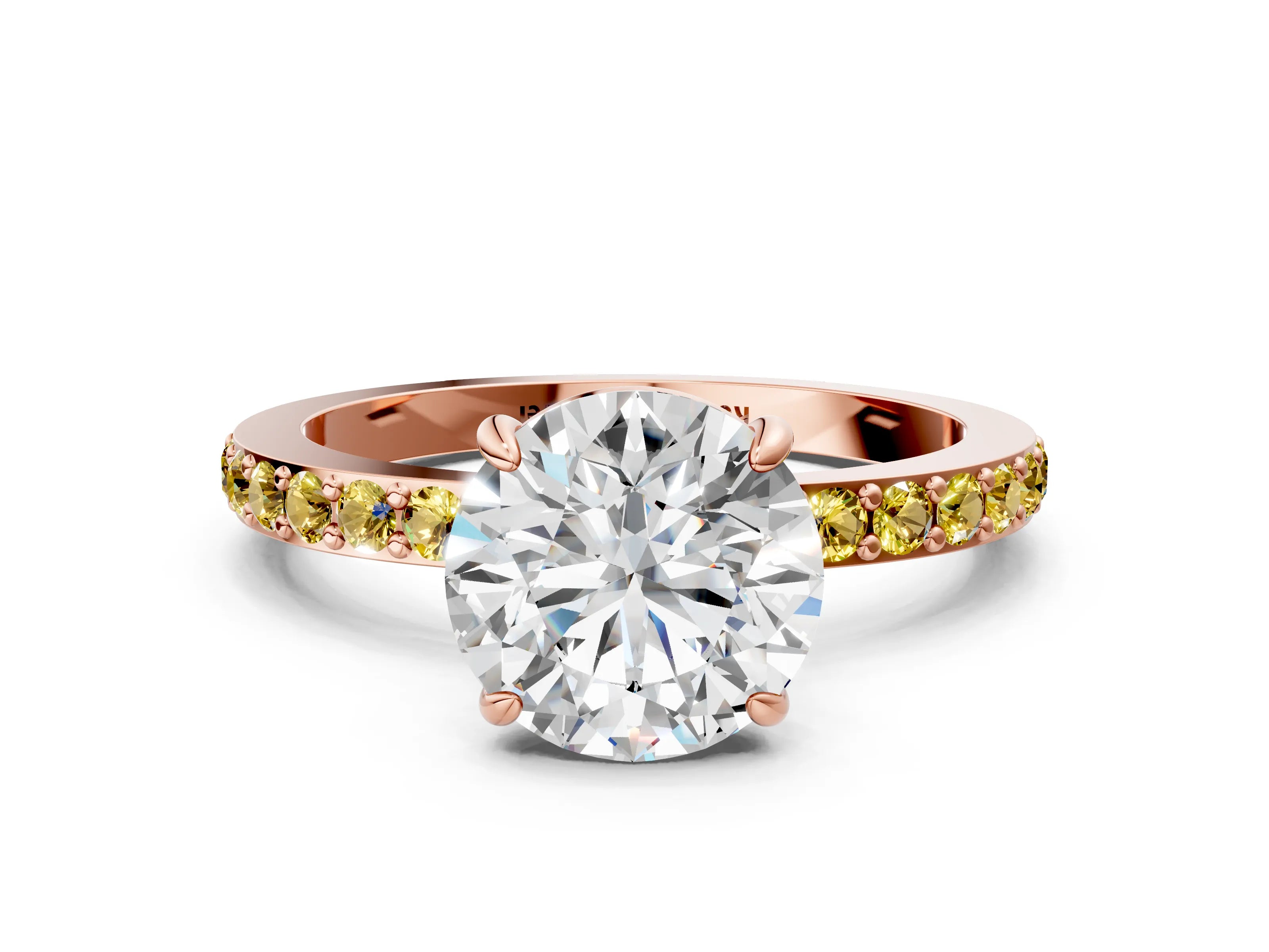 Rose gold Round Cut Diamond Pavé Engagement Ring with Round with Yellow Sapphire side stone Accents and Prong Setting
