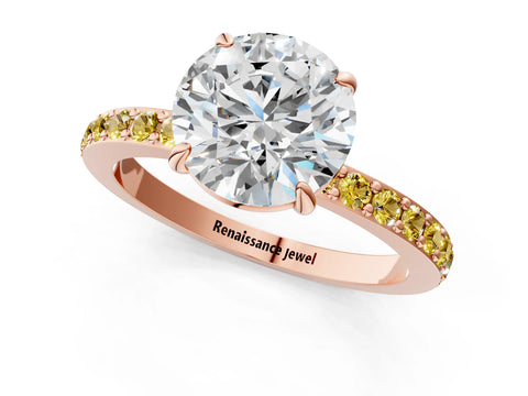 Rose gold Round Cut Diamond Pavé Engagement Ring with Round with Yellow Sapphire side stone Accents and Prong Setting_1