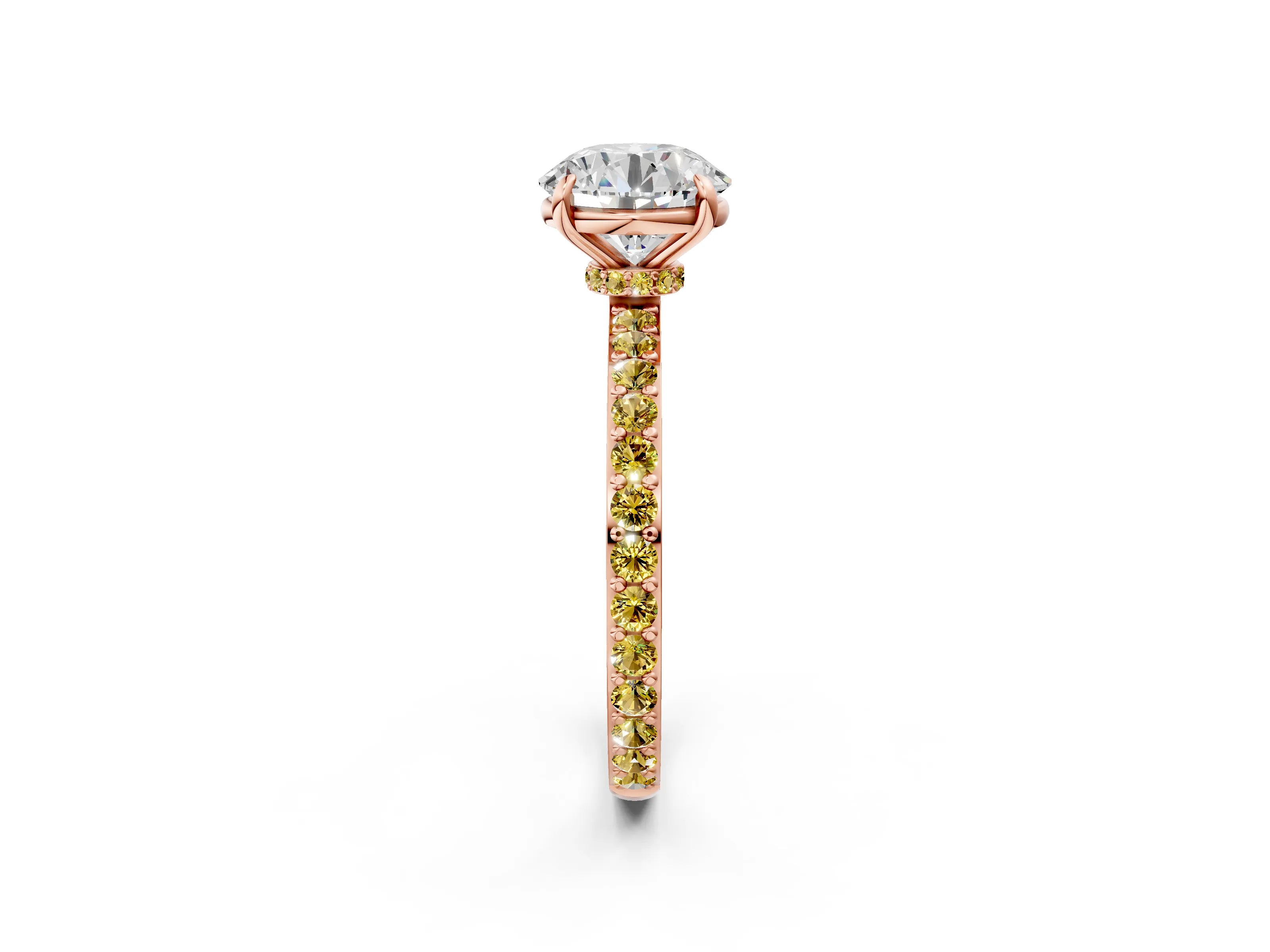 Rose gold Round Cut Diamond Pavé Engagement Ring with Round with Yellow Sapphire side stone Accents and Prong Setting_2