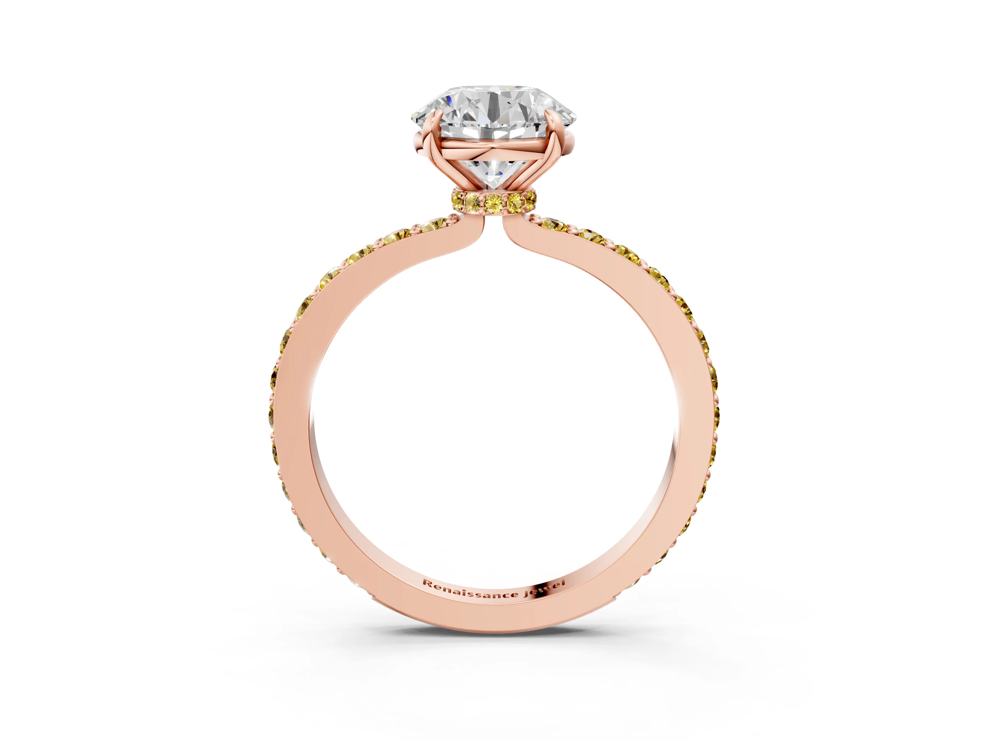 Rose gold Round Cut Diamond Pavé Engagement Ring with Round with Yellow Sapphire side stone Accents and Prong Setting_3
