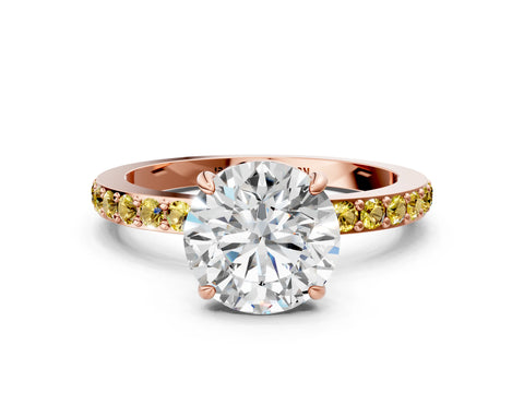 Rose gold Round Cut Diamond Pavé Engagement Ring with Round with Yellow Sapphire side stone Accents and Prong Setting