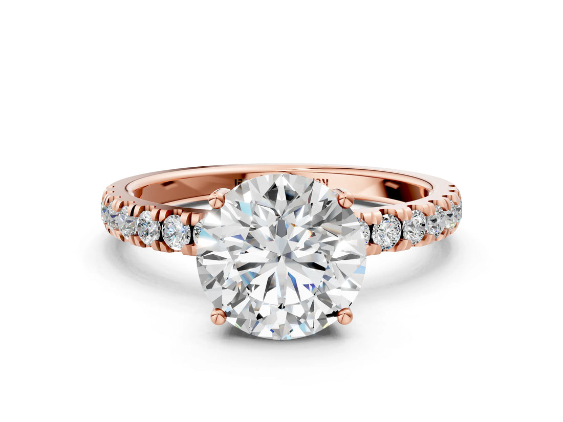 14K Rose Gold 3.57 Carat F VS1 Round Diamond Pave Band Solitaire Ring with Round and Prong Setting