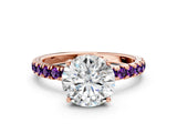 Rose gold Round Cut Diamond Pave Band Solitaire Ring with Round with Amethyst side stone and Prong Setting