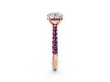 Rose gold Round Cut Diamond Pave Band Solitaire Ring with Round with Amethyst side stone and Prong Setting_2