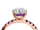 Rose gold Round Cut Diamond Pave Band Solitaire Ring with Round with Amethyst side stone and Prong Setting_4