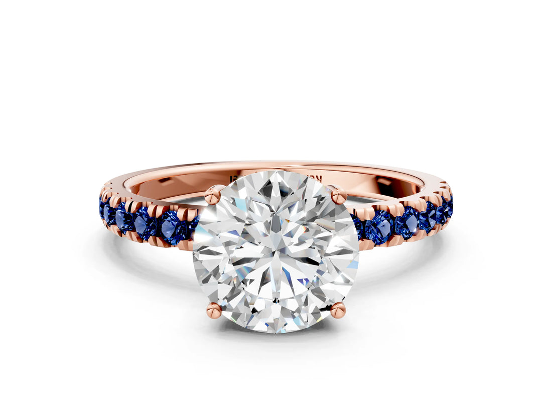 Rose gold Round Cut Diamond Pave Band Solitaire Ring with Round with Blue Sapphire side stone and Prong Setting_12