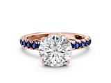 Rose gold Round Cut Diamond Pave Band Solitaire Ring with Round with Blue Sapphire side stone and Prong Setting_12