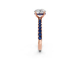 Rose gold Round Cut Diamond Pave Band Solitaire Ring with Round with Blue Sapphire side stone and Prong Setting_14