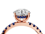 Rose gold Round Cut Diamond Pave Band Solitaire Ring with Round with Blue Sapphire side stone and Prong Setting_16