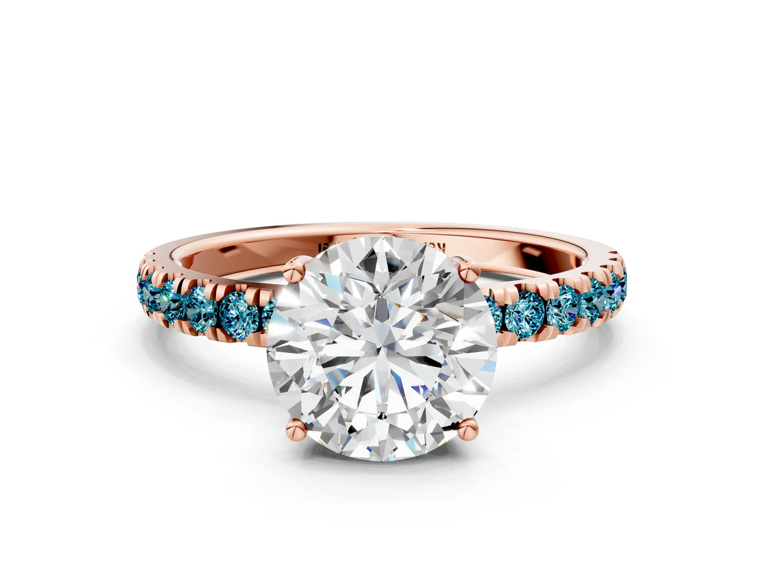 Rose gold Round Cut Diamond Pave Band Solitaire Ring with Round with Blue Topaz side stone and Prong Setting_12