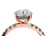 Rose gold Round Cut Diamond Pave Band Solitaire Ring with Round with Blue Topaz side stone and Prong Setting_16
