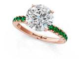 Rose gold Round Cut Diamond Pave Band Solitaire Ring with Round with Emerald side stone and Prong Setting_1